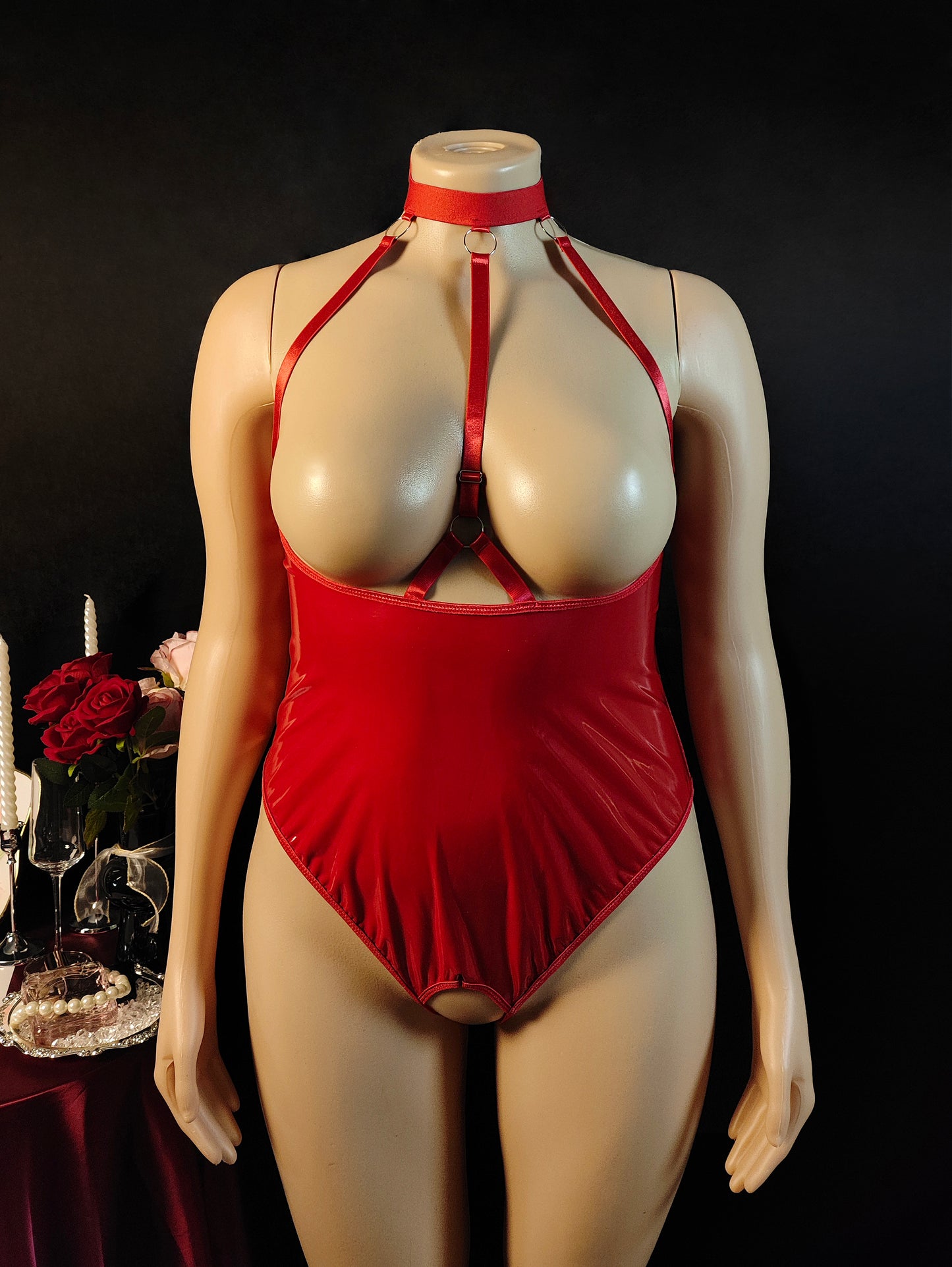 Plus Size Lingerie Punk Backless Jumpsuit Club Outfit Red L-4XL