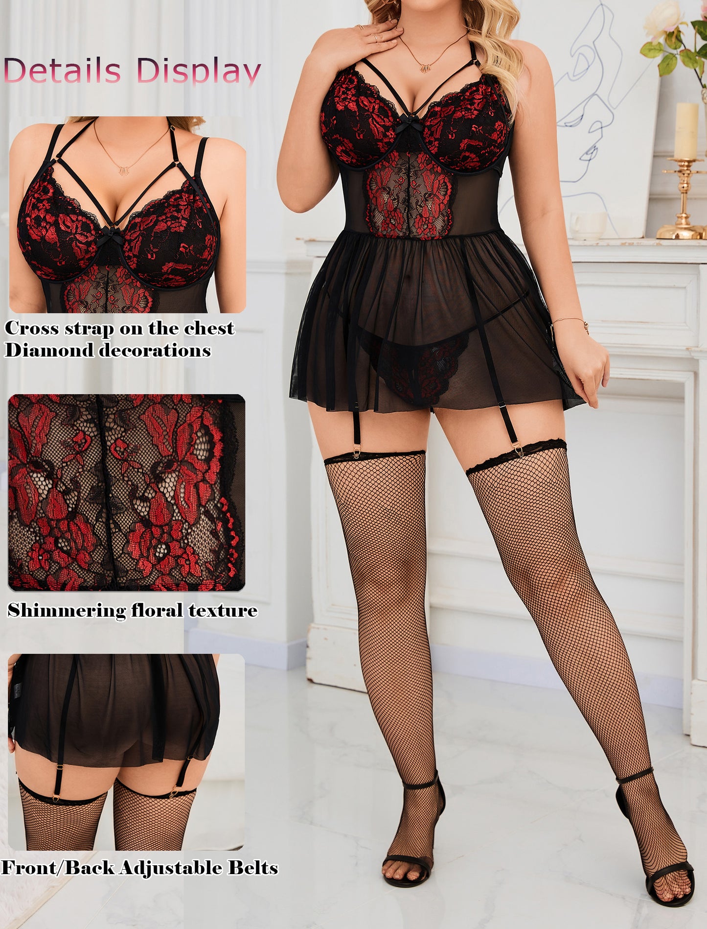 Alrovetoney Plus Size Lingerie For Curvy Women Ruffle Lingerie Set Sexy Lace Lingerie Set Garter Belt With Stockings