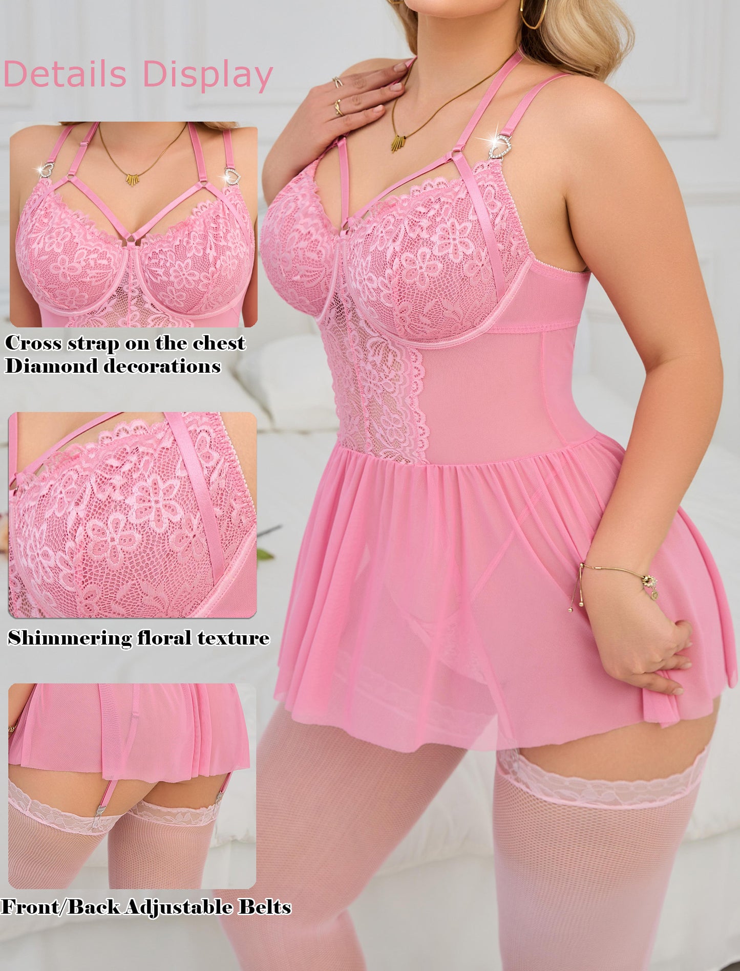 Alrovetoney Plus Size Lingerie For Curvy Women Ruffle Lingerie Set Sexy Lace Lingerie Set Garter Belt With Stockings