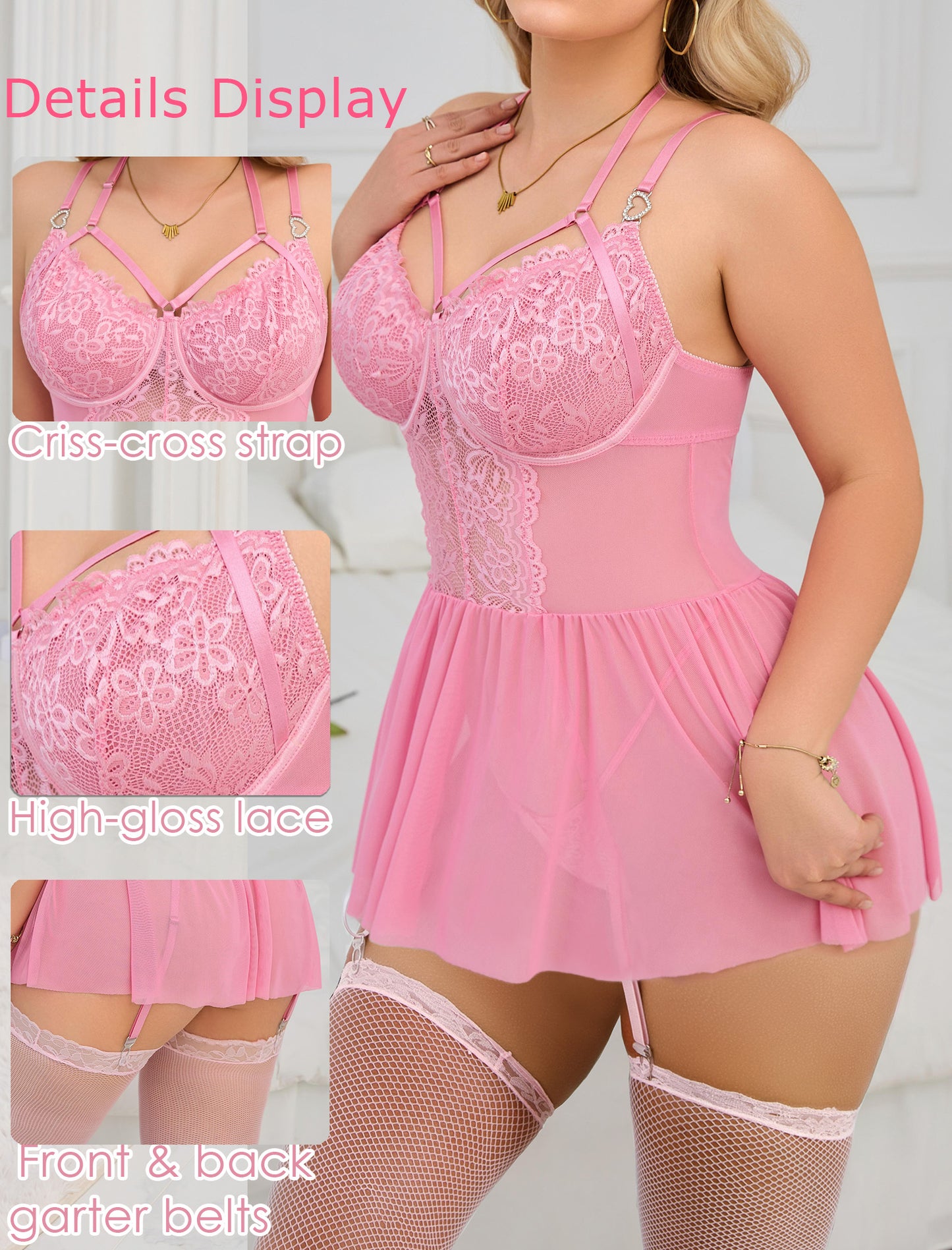 Alrovetoney Plus Size Lingerie For Curvy Women Ruffle Lingerie Set Sexy Lace Lingerie Set Garter Belt With Stockings