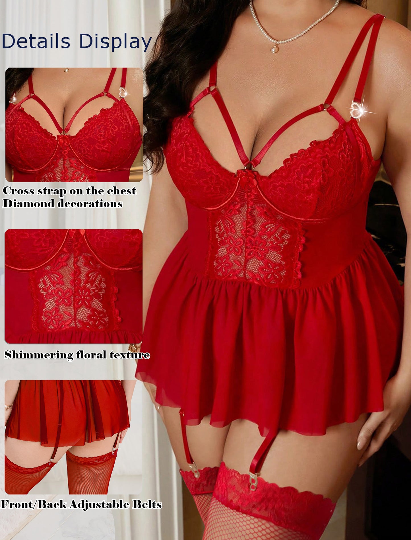 Alrovetoney Plus Size Lingerie For Curvy Women Ruffle Lingerie Set Sexy Lace Lingerie Set Garter Belt With Stockings
