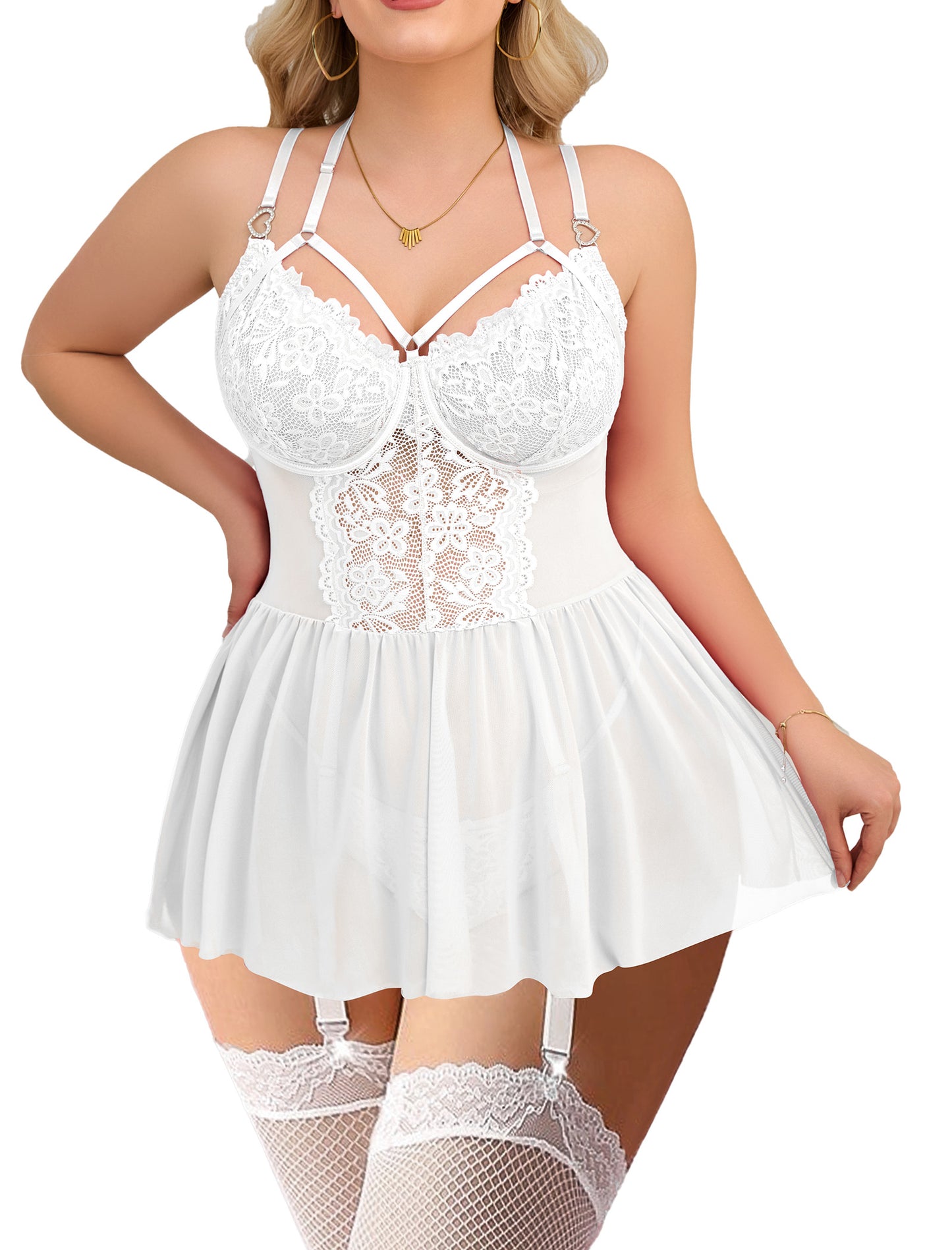 Alrovetoney Plus Size Lingerie For Curvy Women Ruffle Lingerie Set Sexy Lace Lingerie Set Garter Belt With Stockings