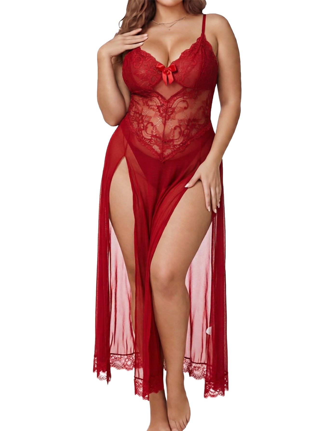 Alrovetoney Plus Size Lingerie For Women Babydoll Sexy Mesh Maxi Nightdress Exotic Sleepwear Side Slits