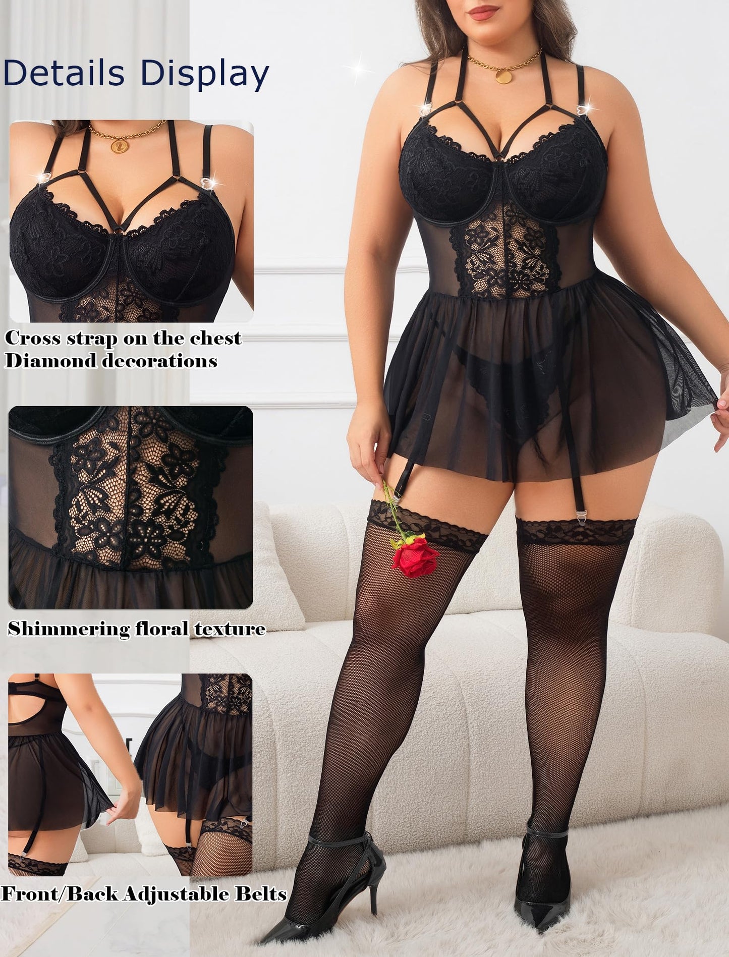 Alrovetoney Plus Size Lingerie For Curvy Women Ruffle Lingerie Set Sexy Lace Lingerie Set Garter Belt With Stockings