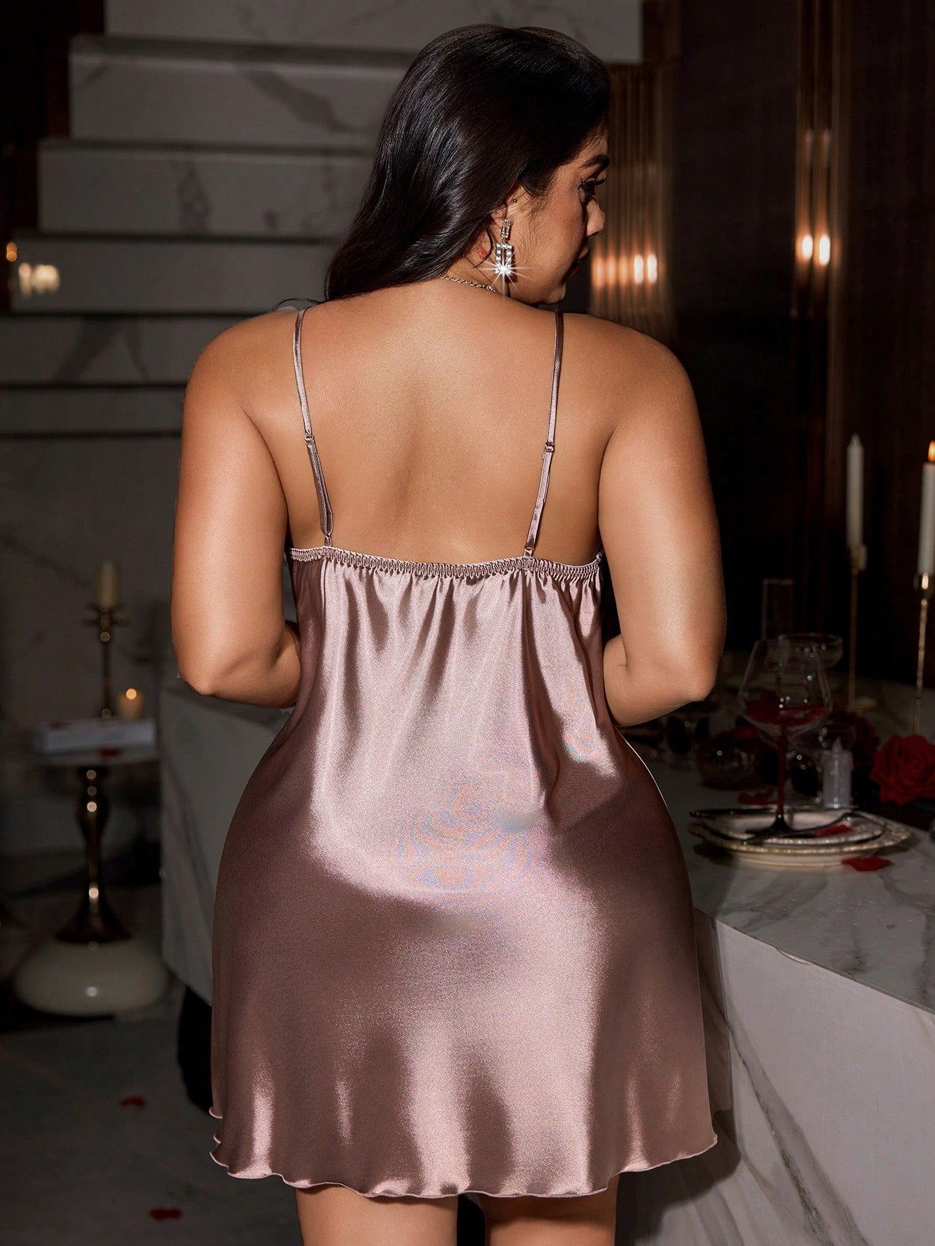 Alrovetoney Women Lingerie V Neck Sexy Nightwear Satin Sleepwear Lace Chemise Mini Babydoll Nightgown Side Slits