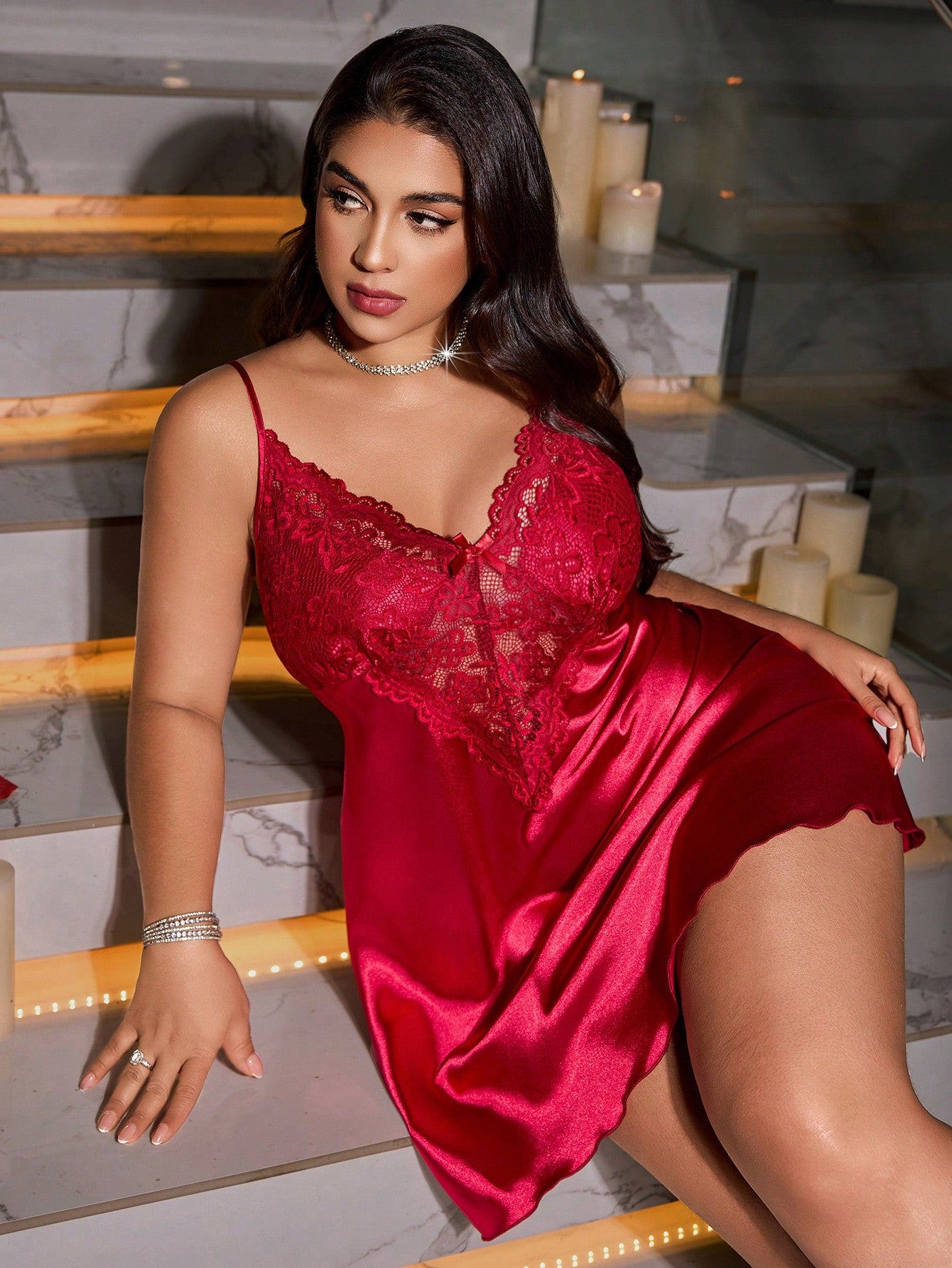 Alrovetoney Women Lingerie V Neck Sexy Nightwear Satin Sleepwear Lace Chemise Mini Babydoll Nightgown Side Slits