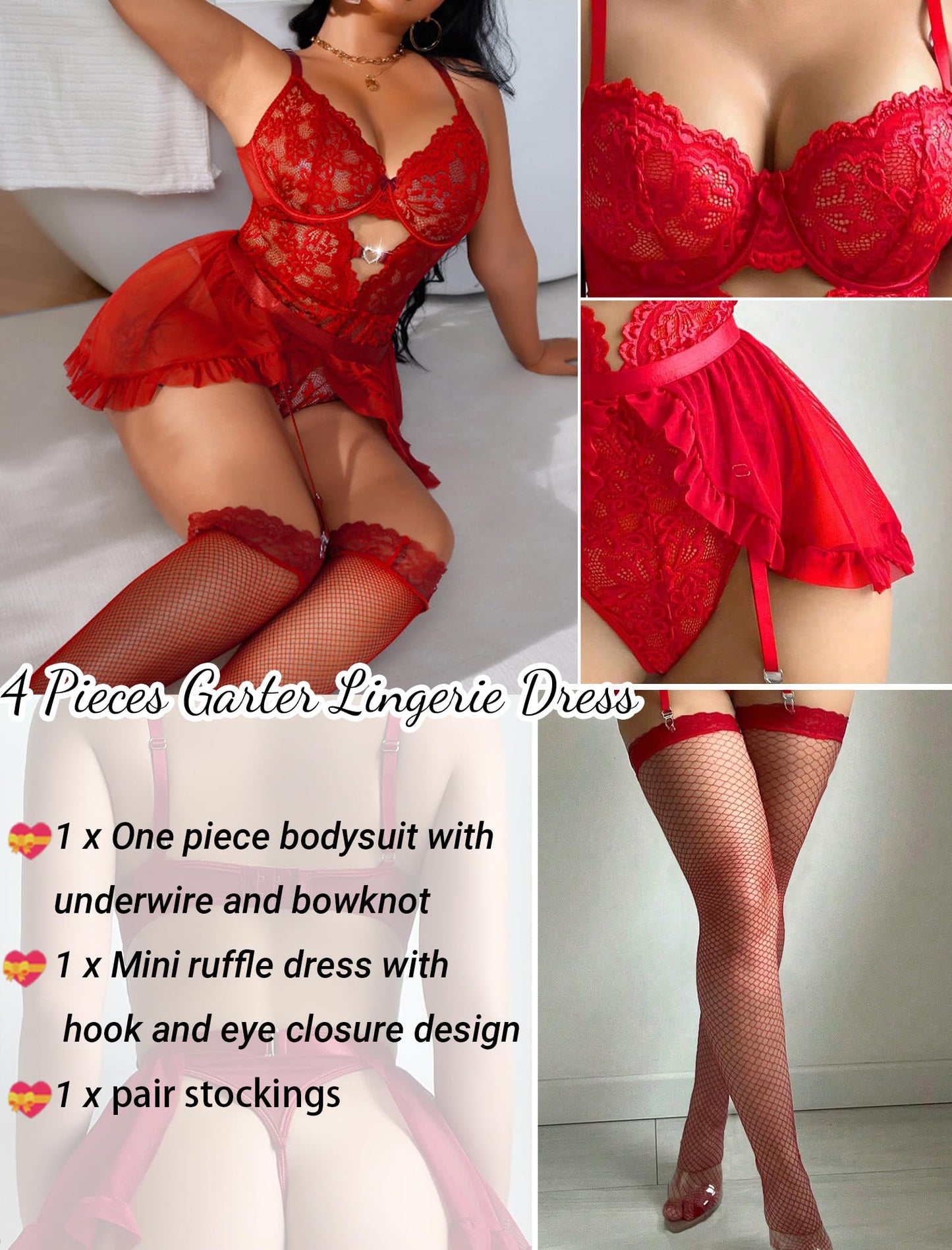 Alrovetoney Women Lingerie with Garter Belt 4pcs Set Lace Contrast Mesh Bodysuit Ruffle Garter Belt Skirt Red