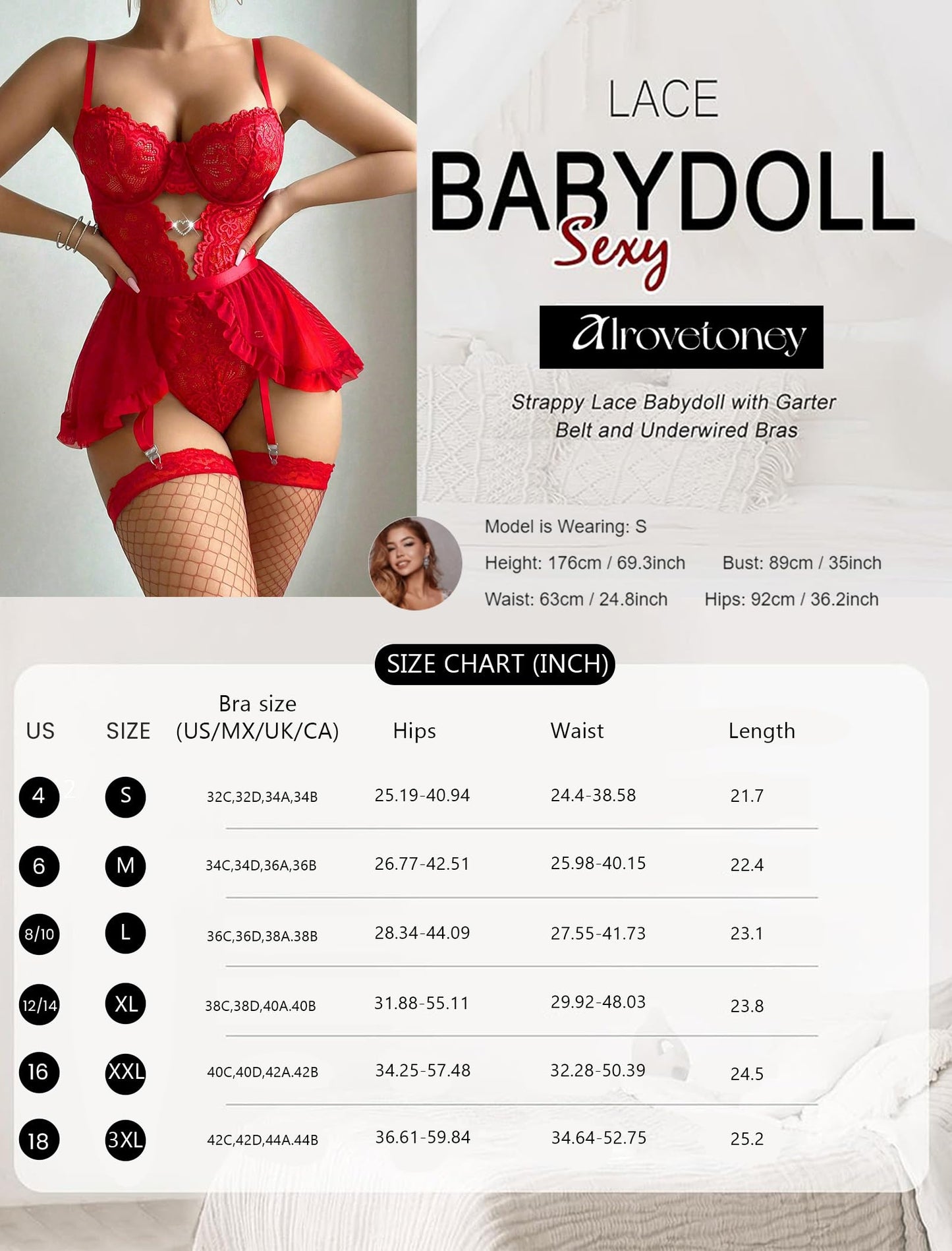 Alrovetoney Women Lingerie with Garter Belt 4pcs Set Lace Contrast Mesh Bodysuit Ruffle Garter Belt Skirt Red