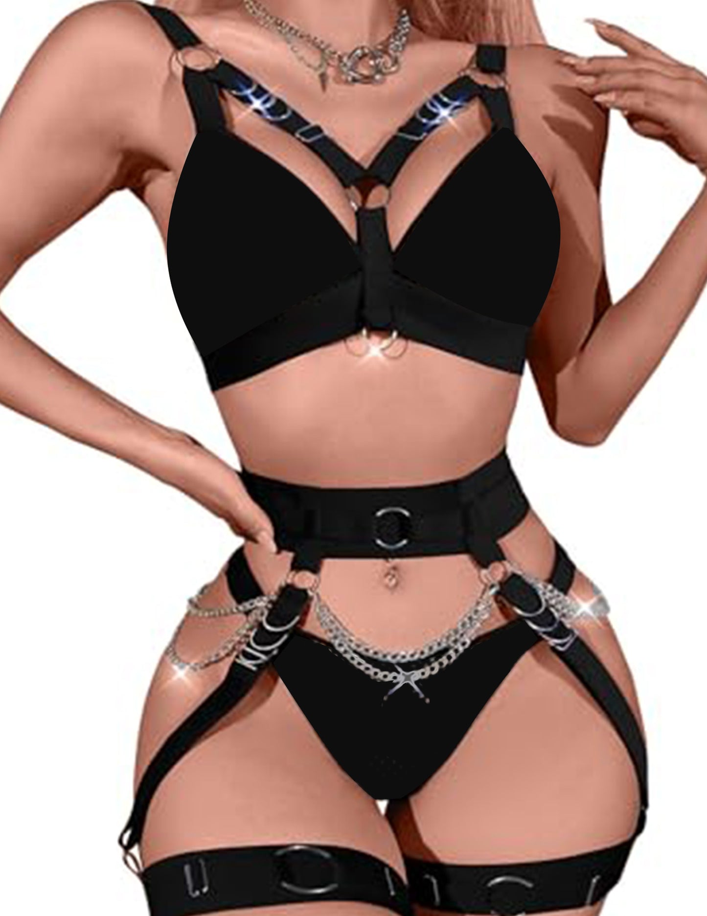 Sexy Lingerie Set For Women With Garter Belt 5 Pieces Strappy Bra and Panty Set Adjustable With Chain