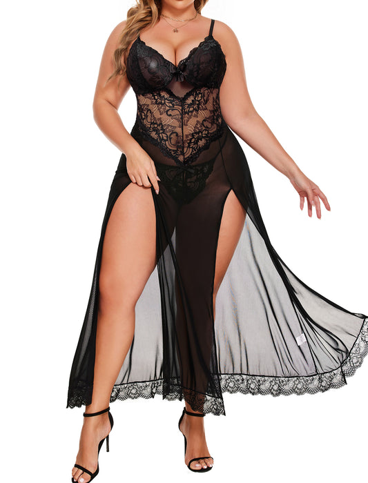 Alrovetoney Plus Size Lingerie For Women Babydoll Sexy Mesh Maxi Nightdress Exotic Sleepwear Side Slits