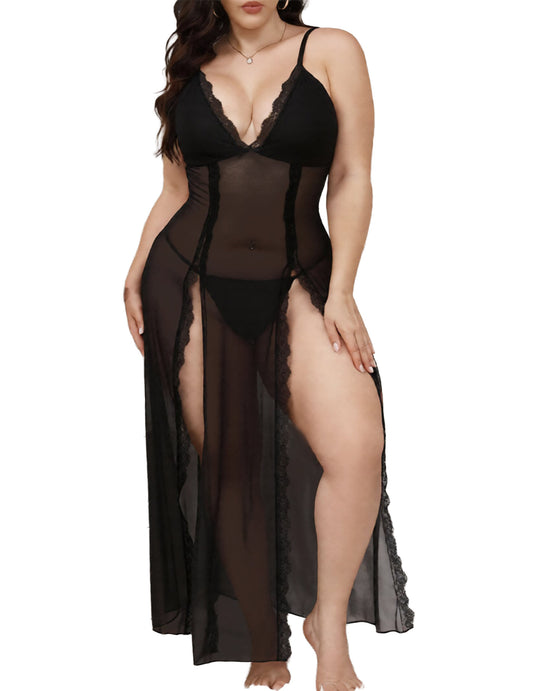 Alrovetoney Plus Size Lingerie For Women Babydoll Sexy Mesh Maxi Nightdress Exotic Sleepwear Side Slits