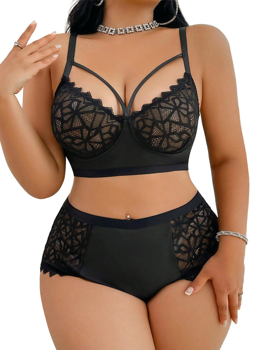 Alrovetoney 2pcs Bra and Panty Set Plus Size Wireless Women's Lingerie Sets Contrast Lace Cut Out