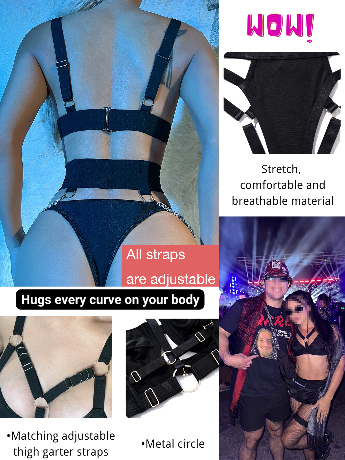 Sexy Lingerie Set For Women With Garter Belt 5 Pieces Strappy Bra and Panty Set Adjustable With Chain