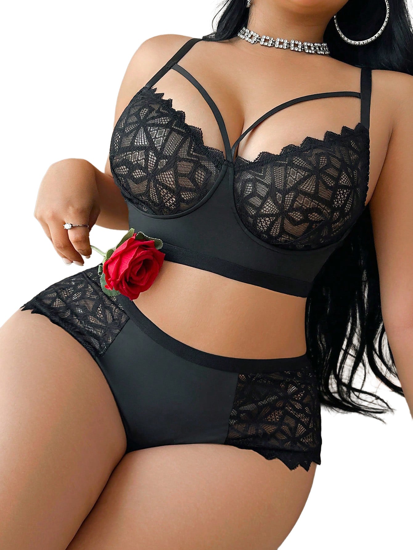 Alrovetoney 2pcs Bra and Panty Set Plus Size Wireless Women's Lingerie Sets Contrast Lace Cut Out