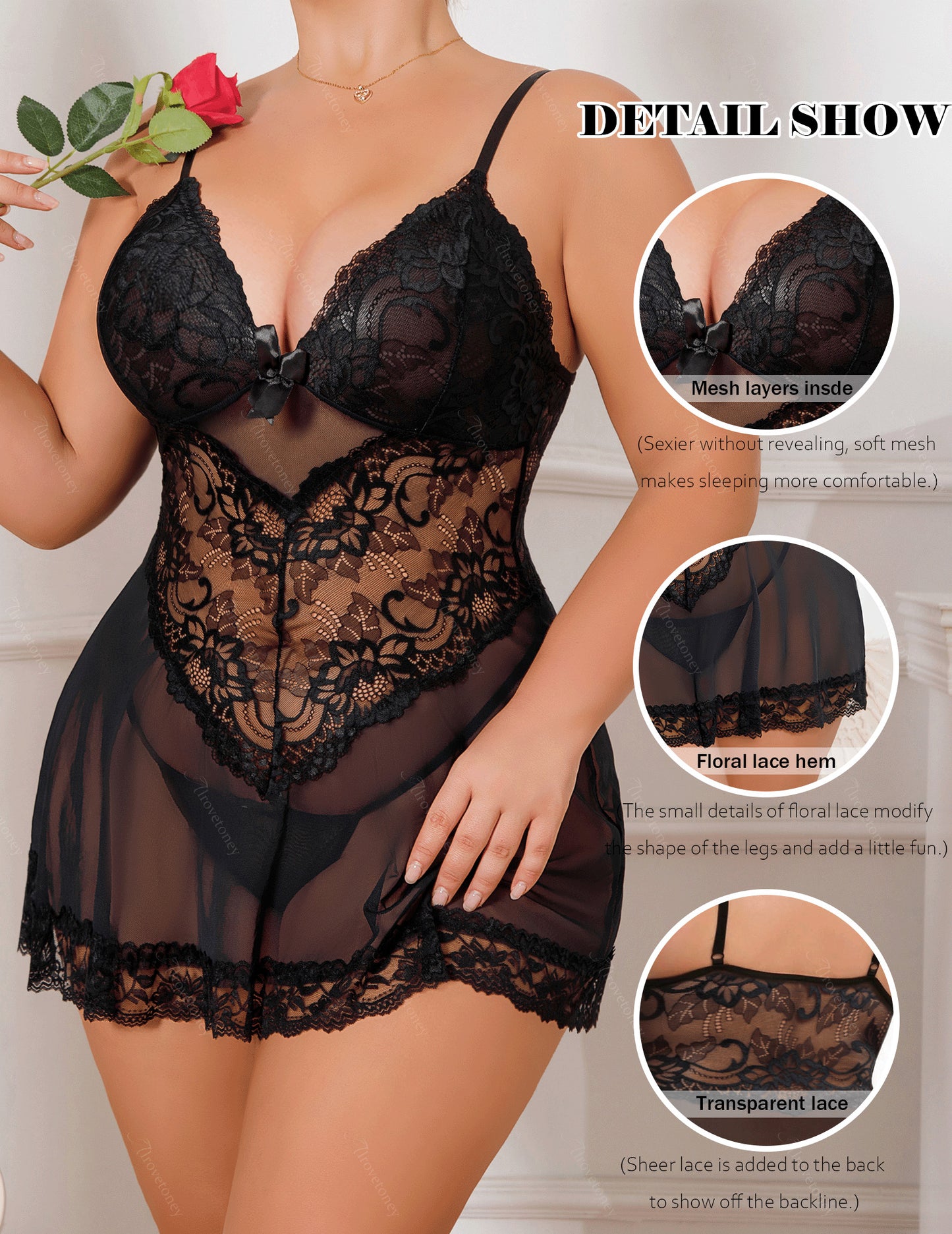 Alrovetoney Women Plus Size Lingerie for Curvy Women Plus Size Babydoll Lace Chemise Halter Nightwear Teddy Dress
