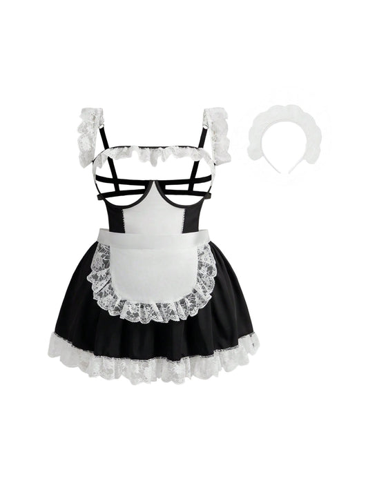 Sexy Lingerie For Women Costume 3 Pcs Lace Patchwork Costume Sexy Babydoll Lingerie Dress And Apron
