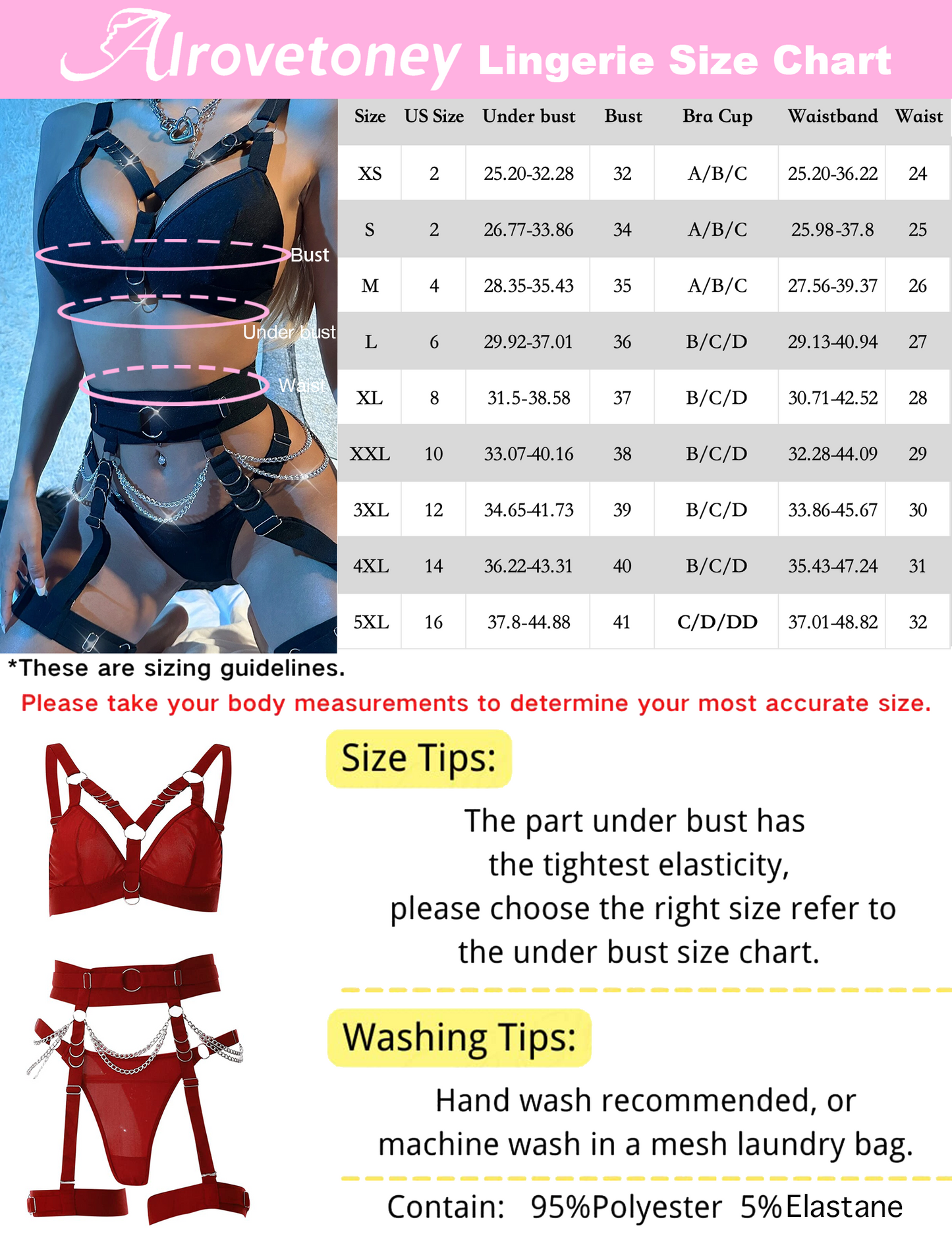 Sexy Lingerie Set For Women With Garter Belt 5 Pieces Strappy Bra and Panty Set Adjustable With Chain