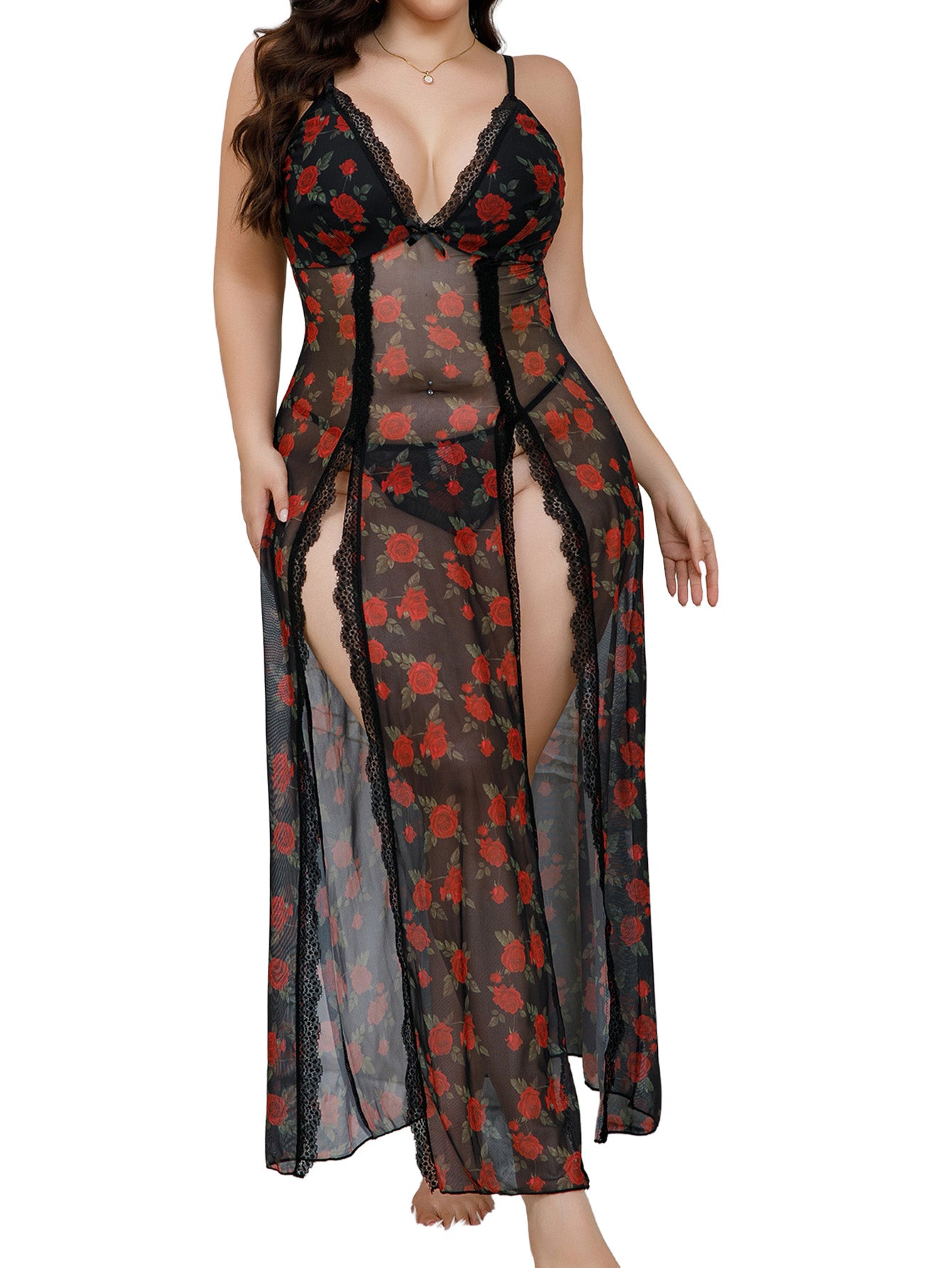 Alrovetoney Plus Size Lingerie For Women Babydoll Sexy Mesh Maxi Nightdress Exotic Sleepwear Side Slits