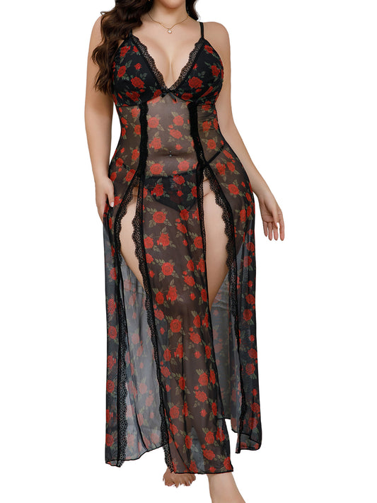 Alrovetoney Plus Size Lingerie For Women Babydoll Sexy Mesh Maxi Nightdress Exotic Sleepwear Side Slits