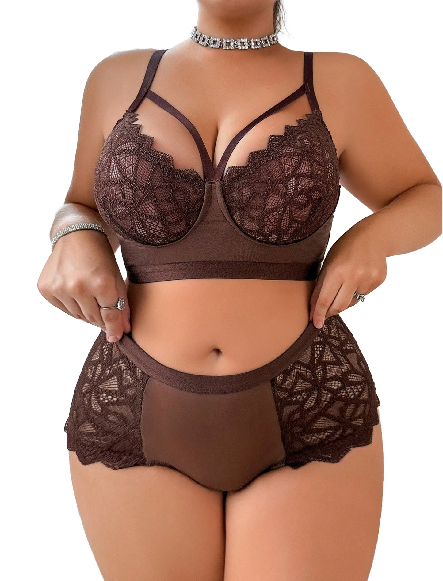 Alrovetoney 2pcs Bra and Panty Set Plus Size Wireless Women's Lingerie Sets Contrast Lace Cut Out