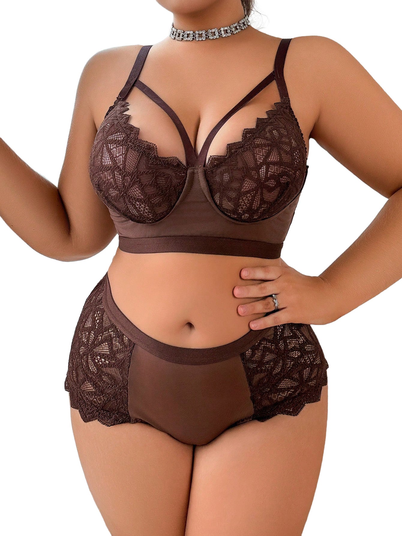 Alrovetoney 2pcs Bra and Panty Set Plus Size Wireless Women's Lingerie Sets Contrast Lace Cut Out