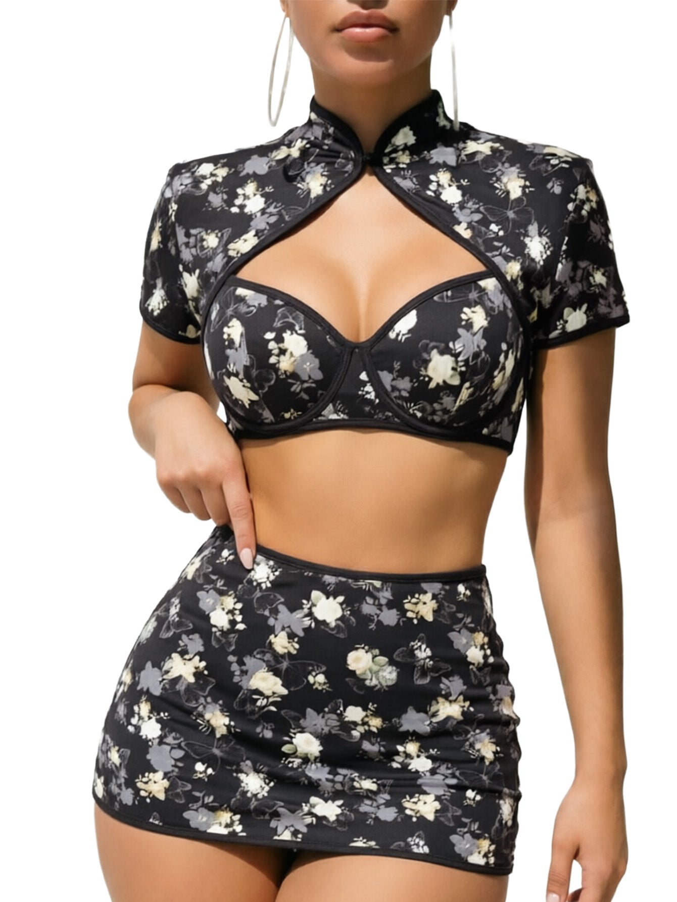 Lingerie Sets 4pcs Set Sexy Printed Underwire Push-Up Hollow-Out Babydoll
