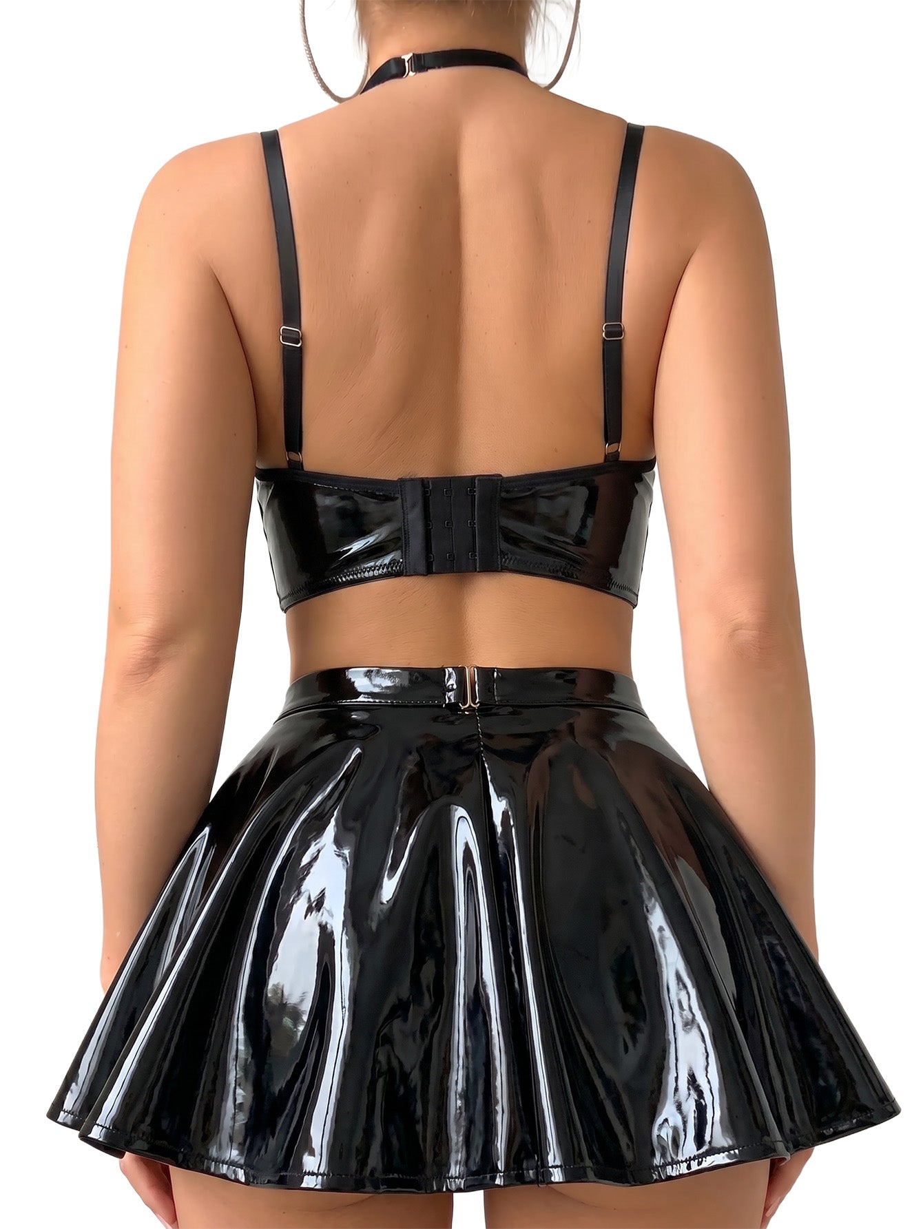 Sexy Women Lingerie PU Leather Fishnet Flared Skirt Garter Set 5pcs