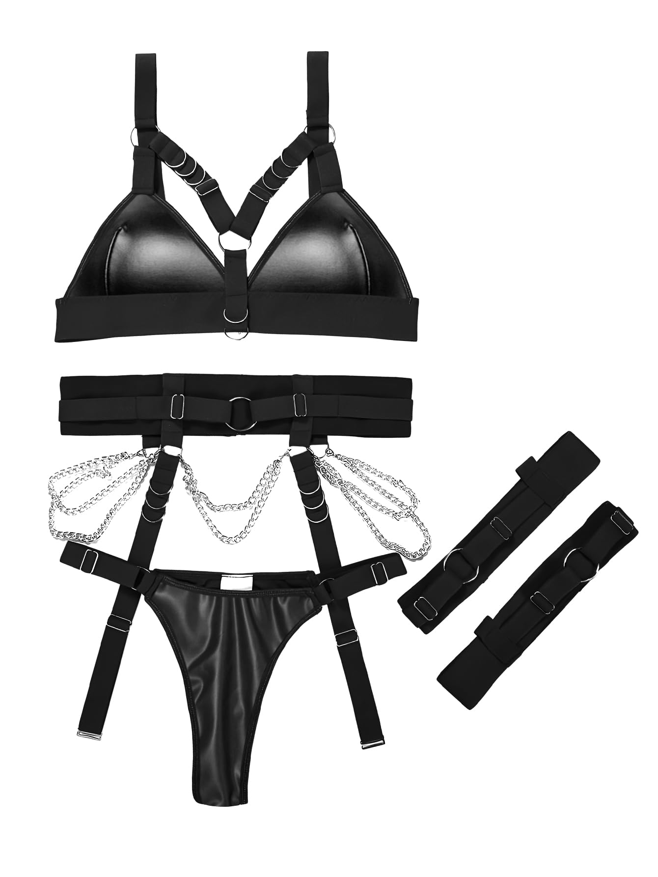 Sexy Lingerie Set For Women With Garter Belt 5 Pieces Strappy Bra and Panty Set Adjustable With Chain