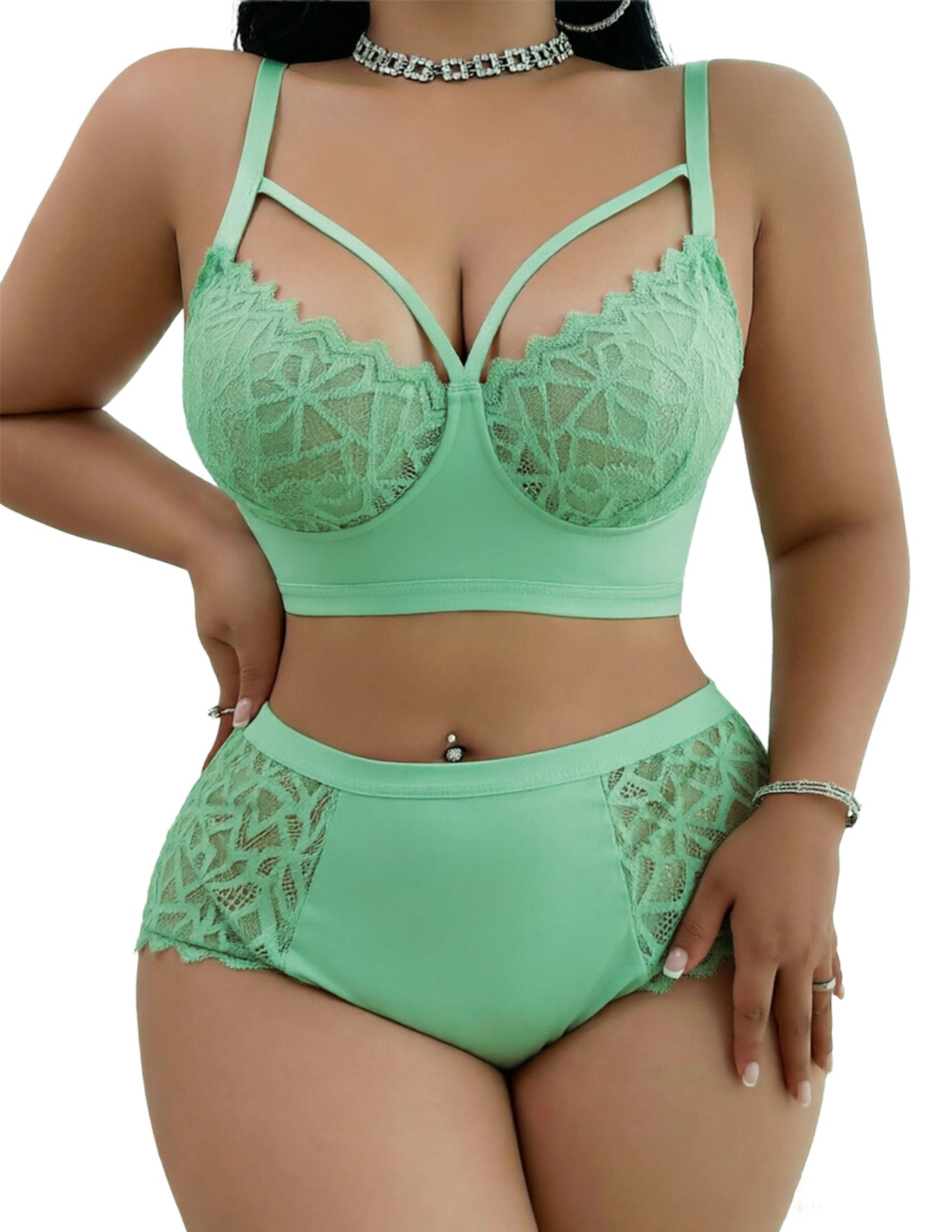 Alrovetoney 2pcs Bra and Panty Set Plus Size Wireless Women's Lingerie Sets Contrast Lace Cut Out