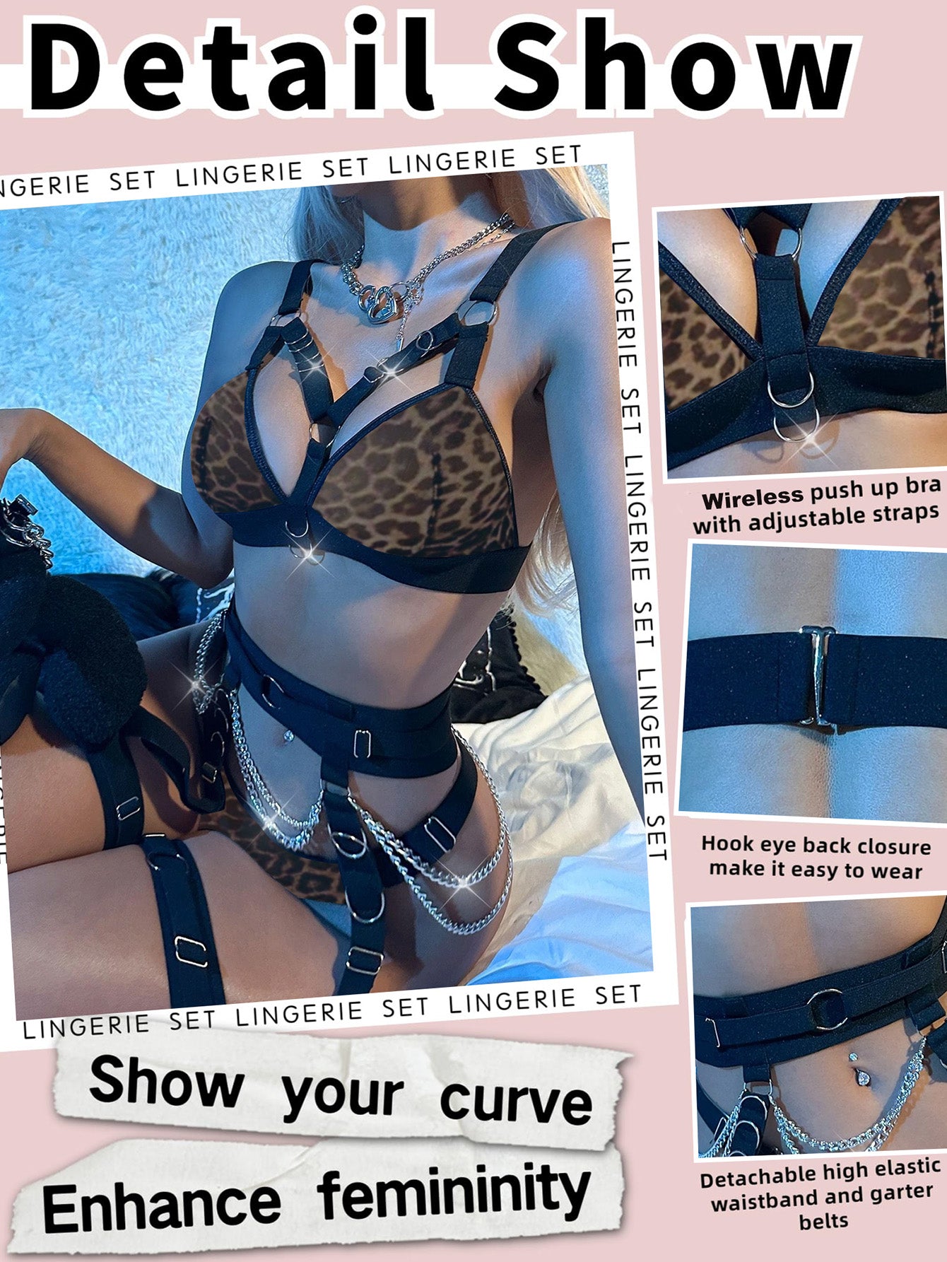 Sexy Lingerie Set For Women With Garter Belt 5 Pieces Strappy Bra and Panty Set Adjustable With Chain
