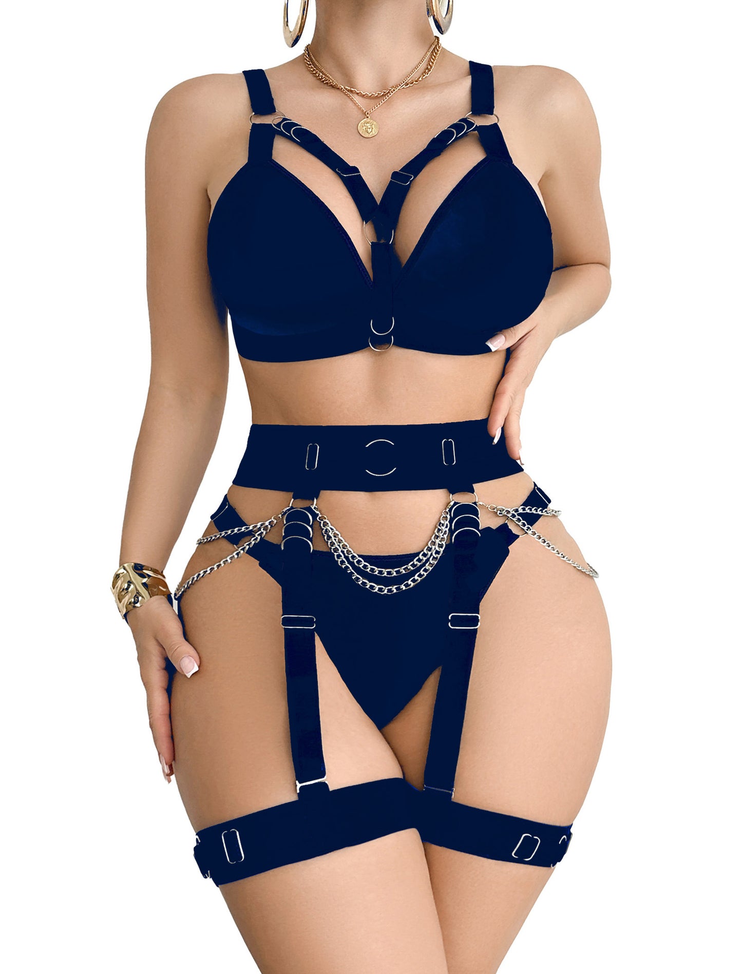 Sexy Lingerie Set For Women With Garter Belt 5 Pieces Strappy Bra and Panty Set Adjustable With Chain