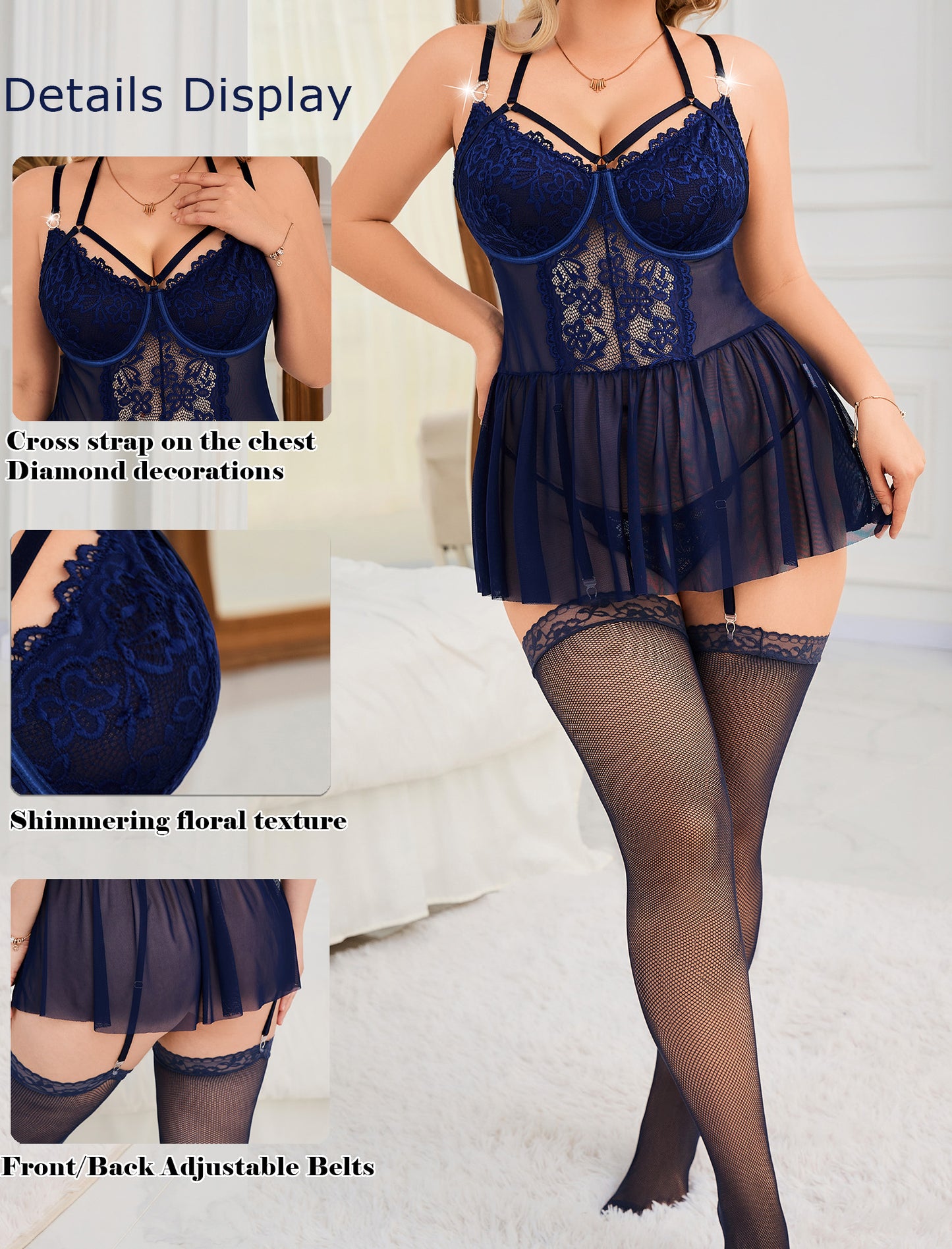 Alrovetoney Plus Size Lingerie For Curvy Women Ruffle Lingerie Set Sexy Lace Lingerie Set Garter Belt With Stockings