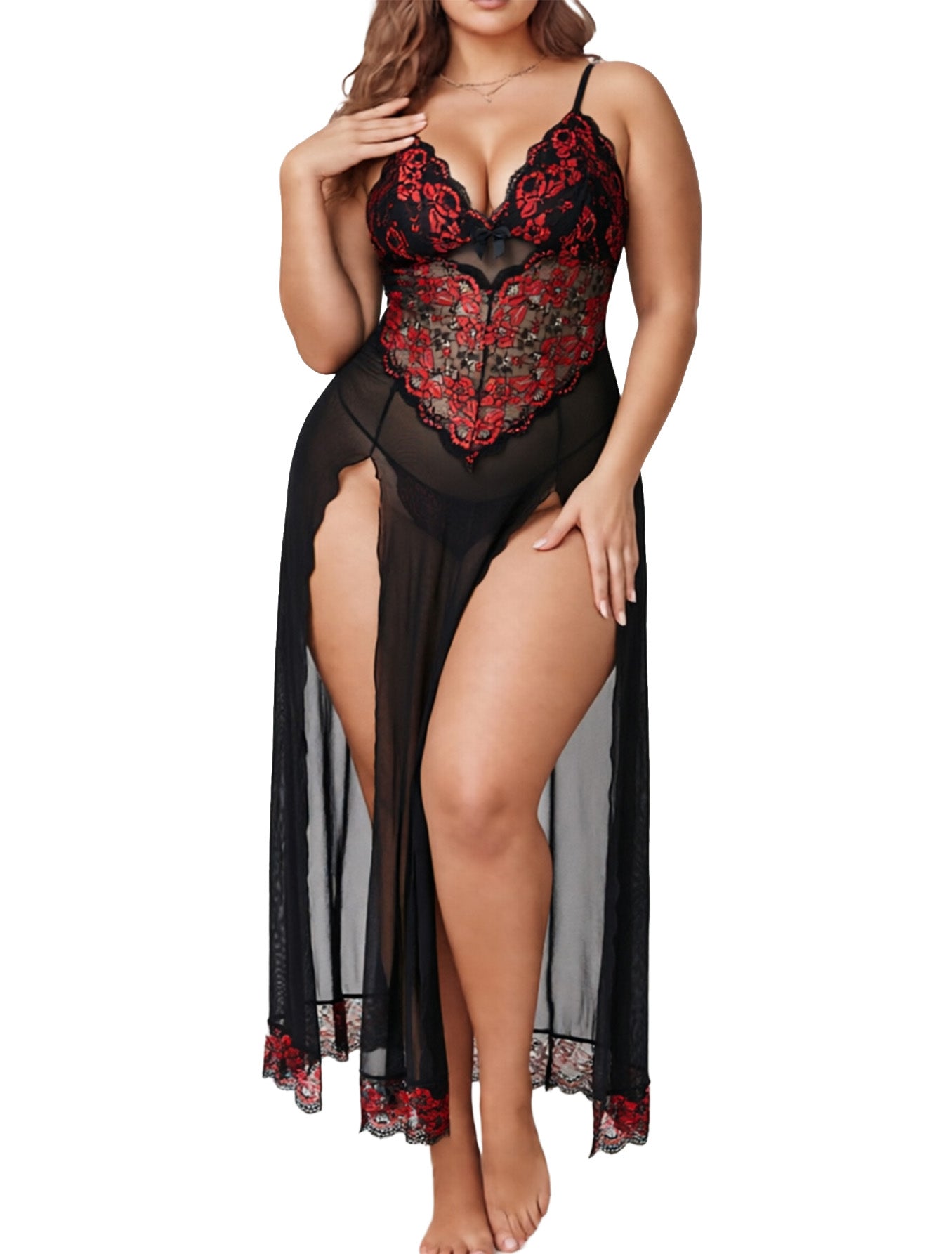 Alrovetoney Plus Size Lingerie For Women Babydoll Sexy Mesh Maxi Nightdress Exotic Sleepwear Side Slits