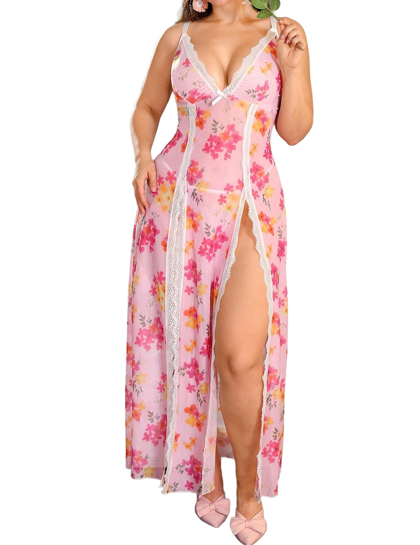 Alrovetoney Plus Size Lingerie For Women Babydoll Sexy Mesh Maxi Nightdress Exotic Sleepwear Side Slits