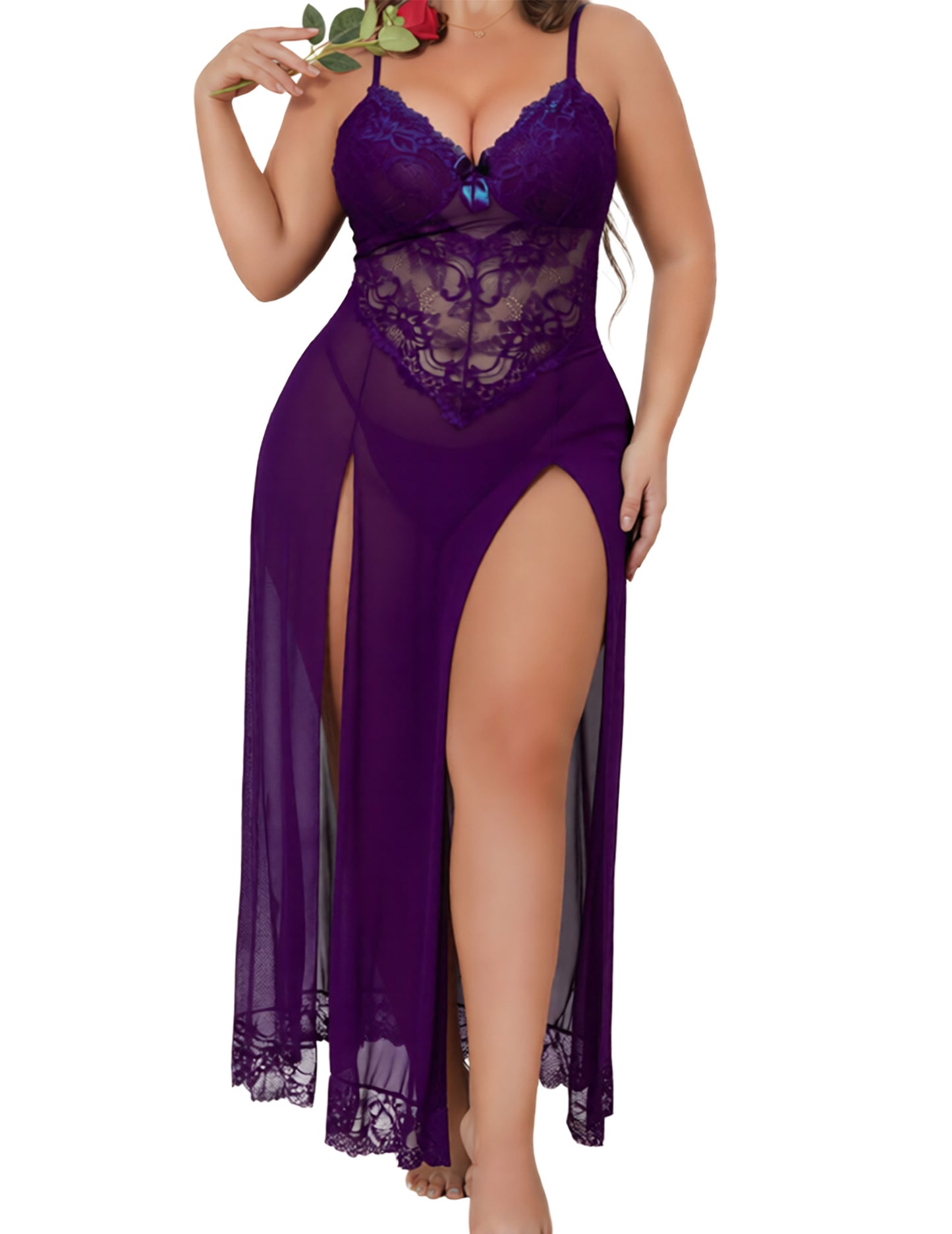 Alrovetoney Plus Size Lingerie For Women Babydoll Sexy Mesh Maxi Nightdress Exotic Sleepwear Side Slits
