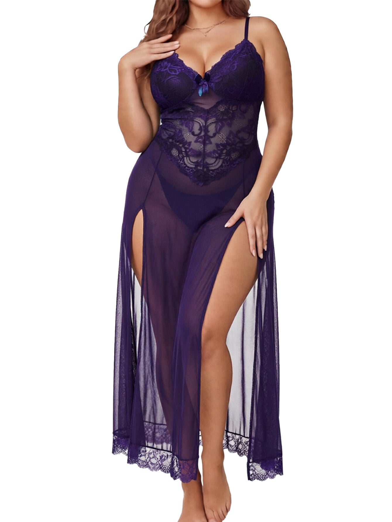 Alrovetoney Plus Size Lingerie For Women Babydoll Sexy Mesh Maxi Nightdress Exotic Sleepwear Side Slits