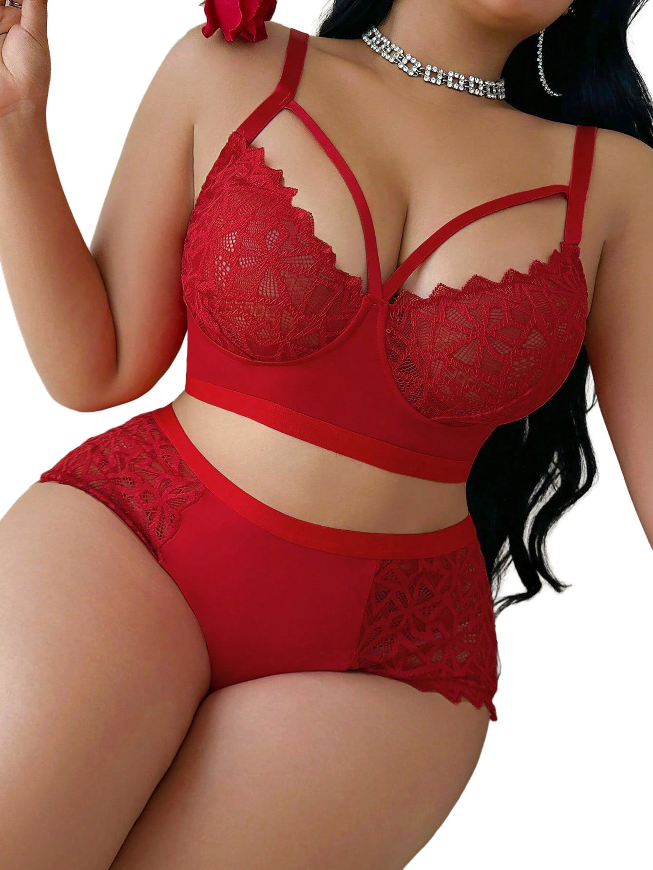 Alrovetoney 2pcs Bra and Panty Set Plus Size Wireless Women's Lingerie Sets Contrast Lace Cut Out