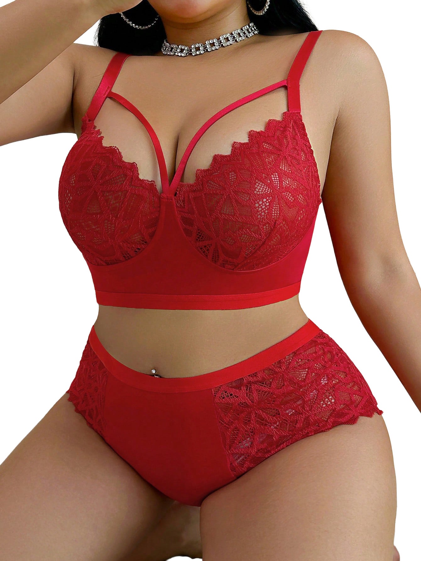 Alrovetoney 2pcs Bra and Panty Set Plus Size Wireless Women's Lingerie Sets Contrast Lace Cut Out