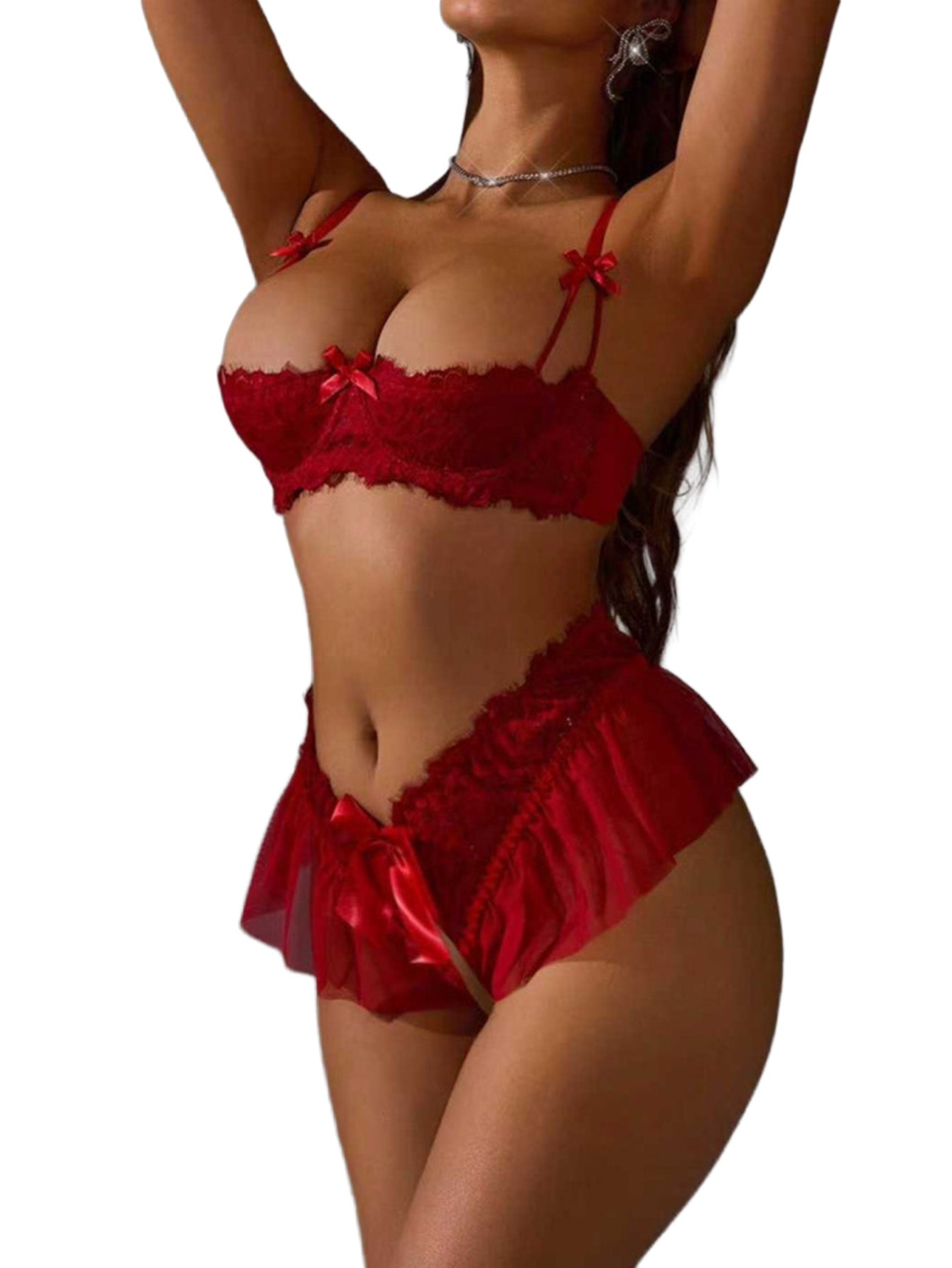 Lingerie Lace Babydoll Set Flowy Skirt Spaghetti Straps Semi-Sheer