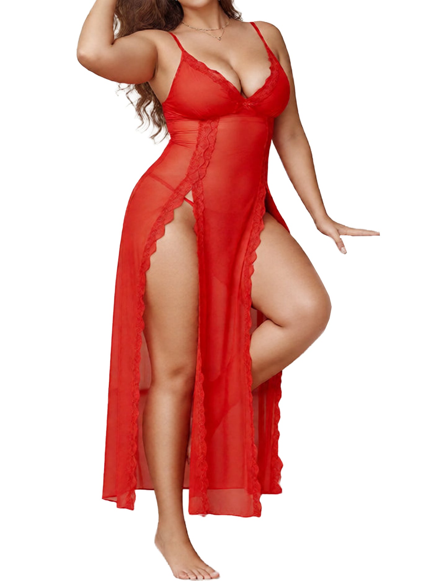 Alrovetoney Plus Size Lingerie For Women Babydoll Sexy Mesh Maxi Nightdress Exotic Sleepwear Side Slits