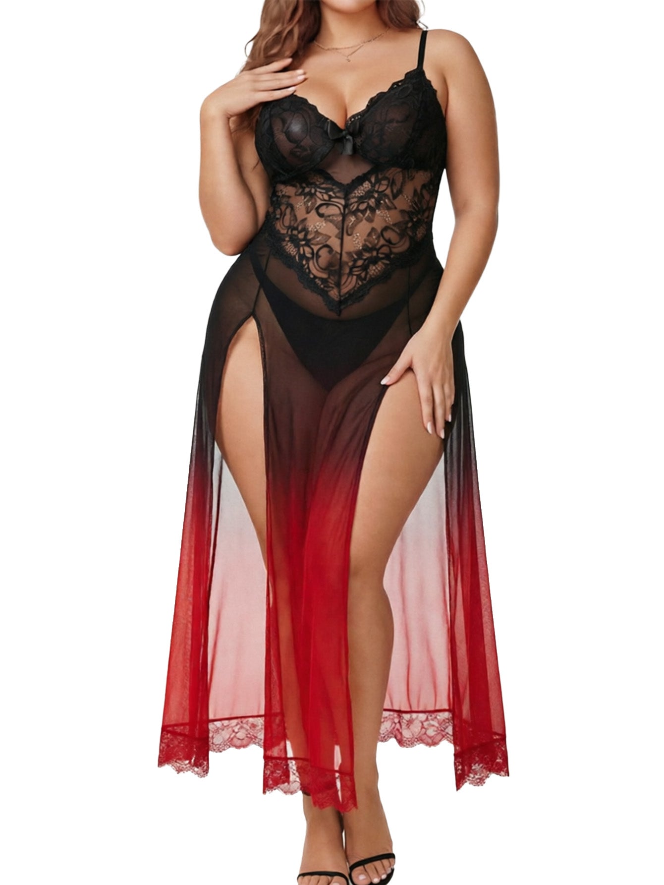 Alrovetoney Plus Size Lingerie For Women Babydoll Sexy Mesh Maxi Nightdress Exotic Sleepwear Side Slits