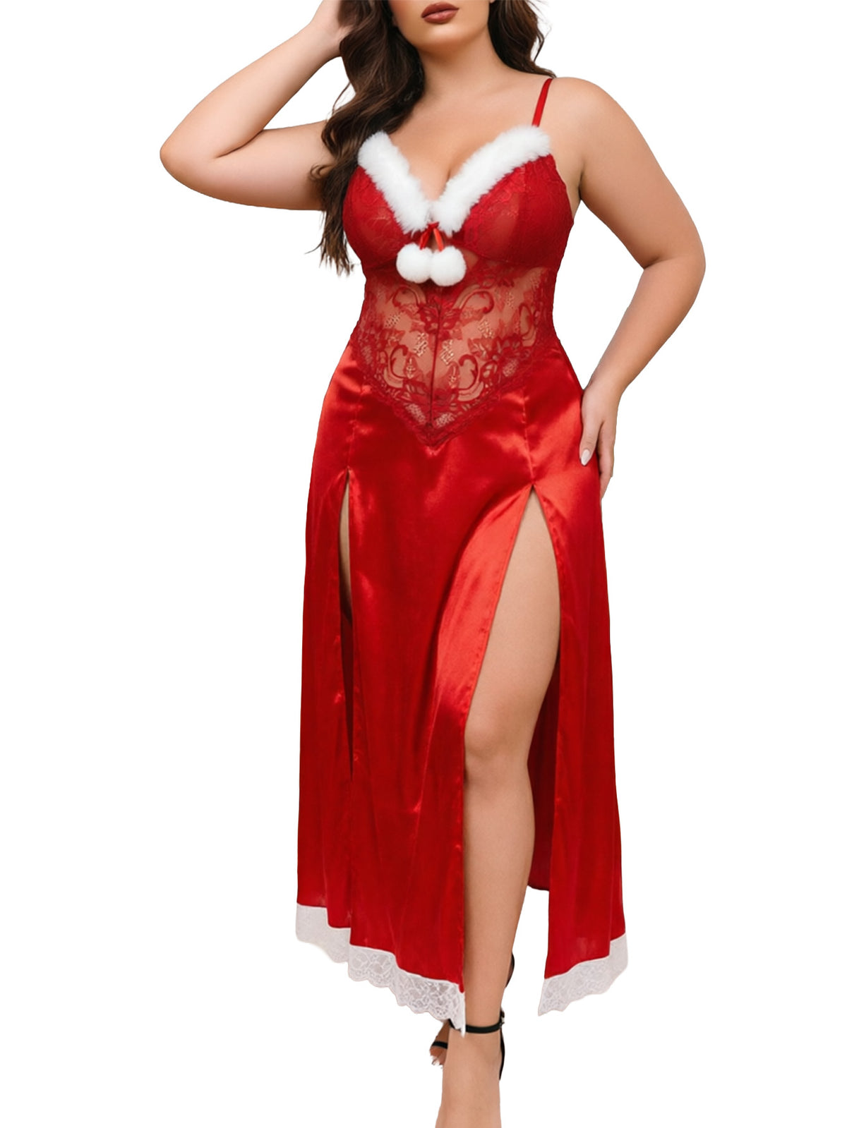 Alrovetoney Plus Size Lingerie For Women Babydoll Sexy Mesh Maxi Nightdress Exotic Sleepwear Side Slits