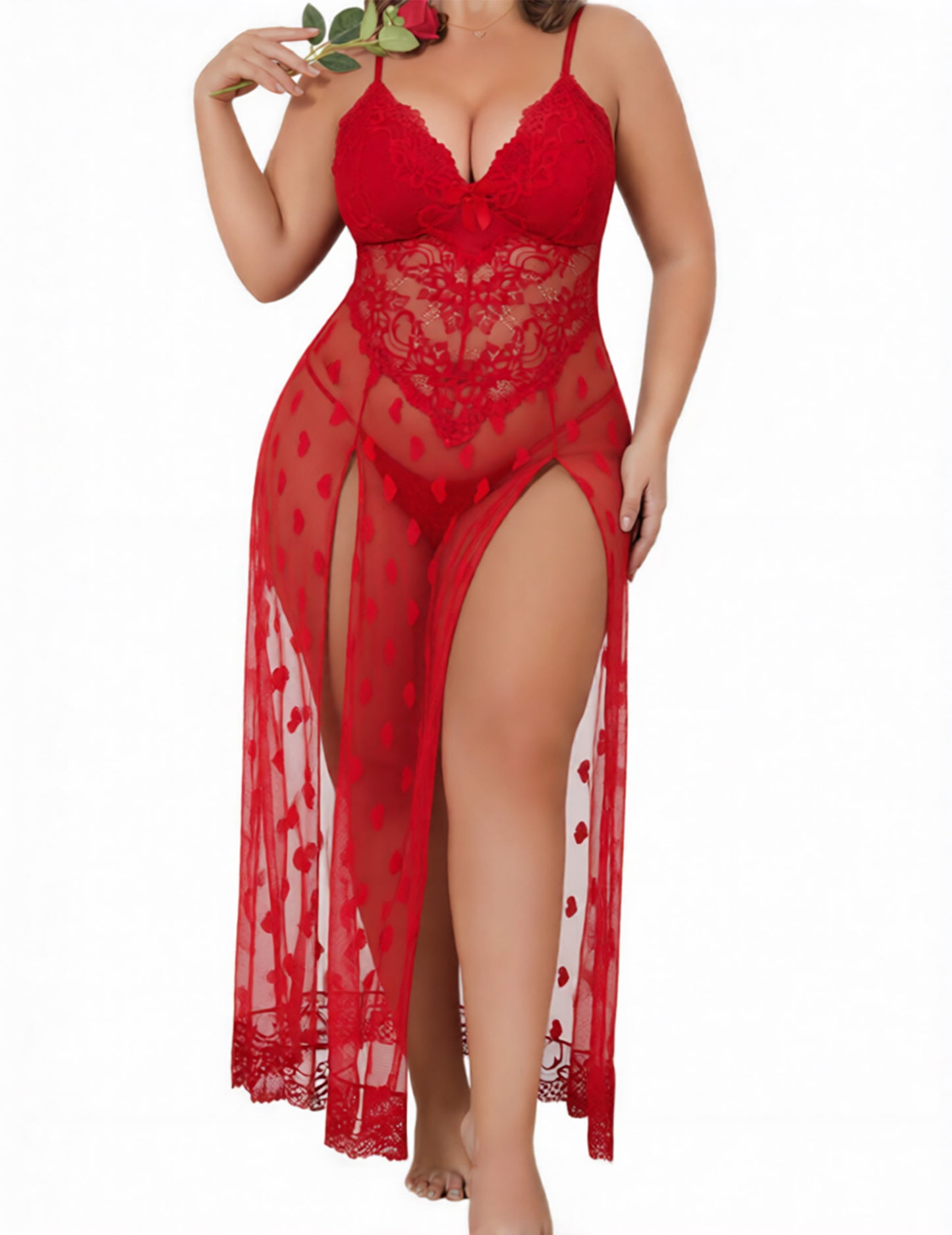 Alrovetoney Plus Size Lingerie For Women Babydoll Sexy Mesh Maxi Nightdress Exotic Sleepwear Side Slits