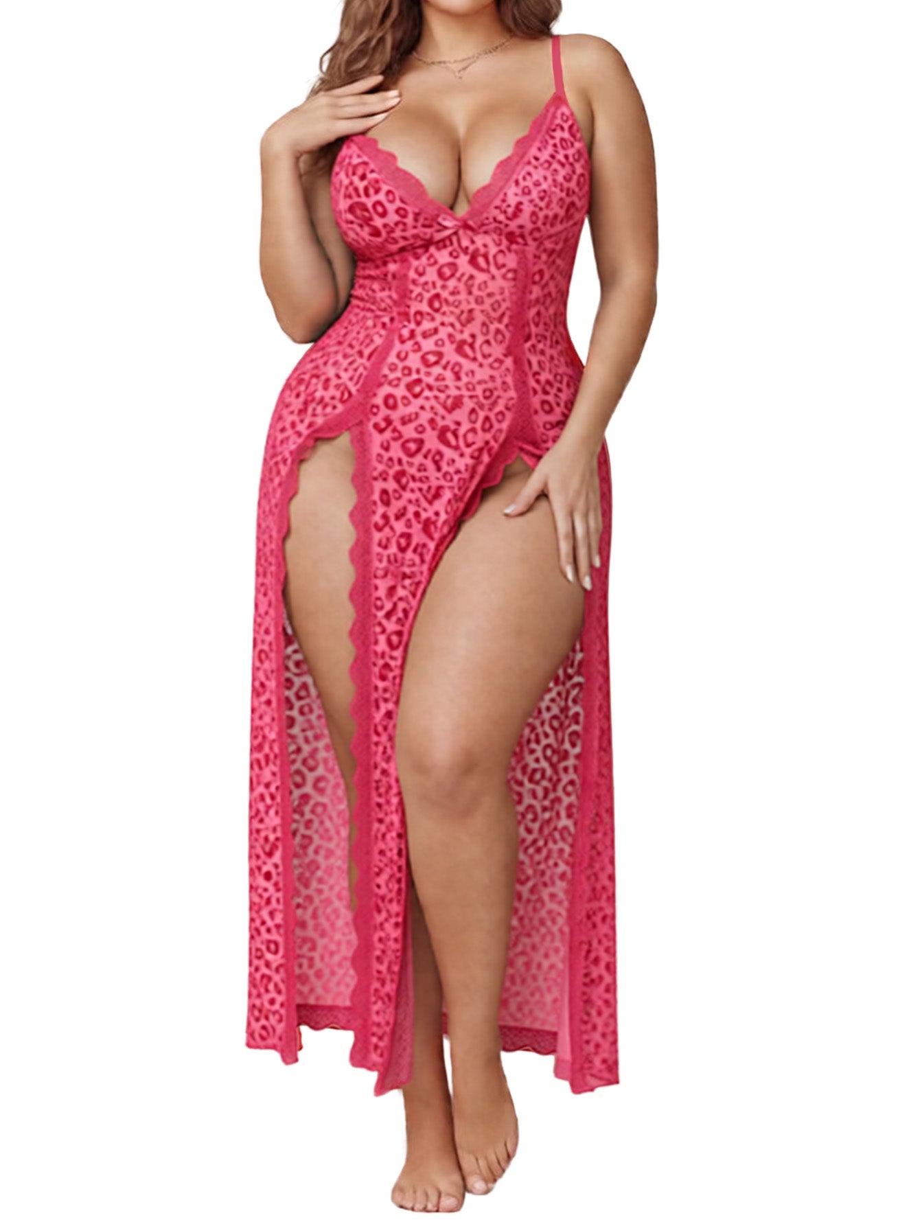 Alrovetoney Plus Size Lingerie For Women Babydoll Sexy Mesh Maxi Nightdress Exotic Sleepwear Side Slits