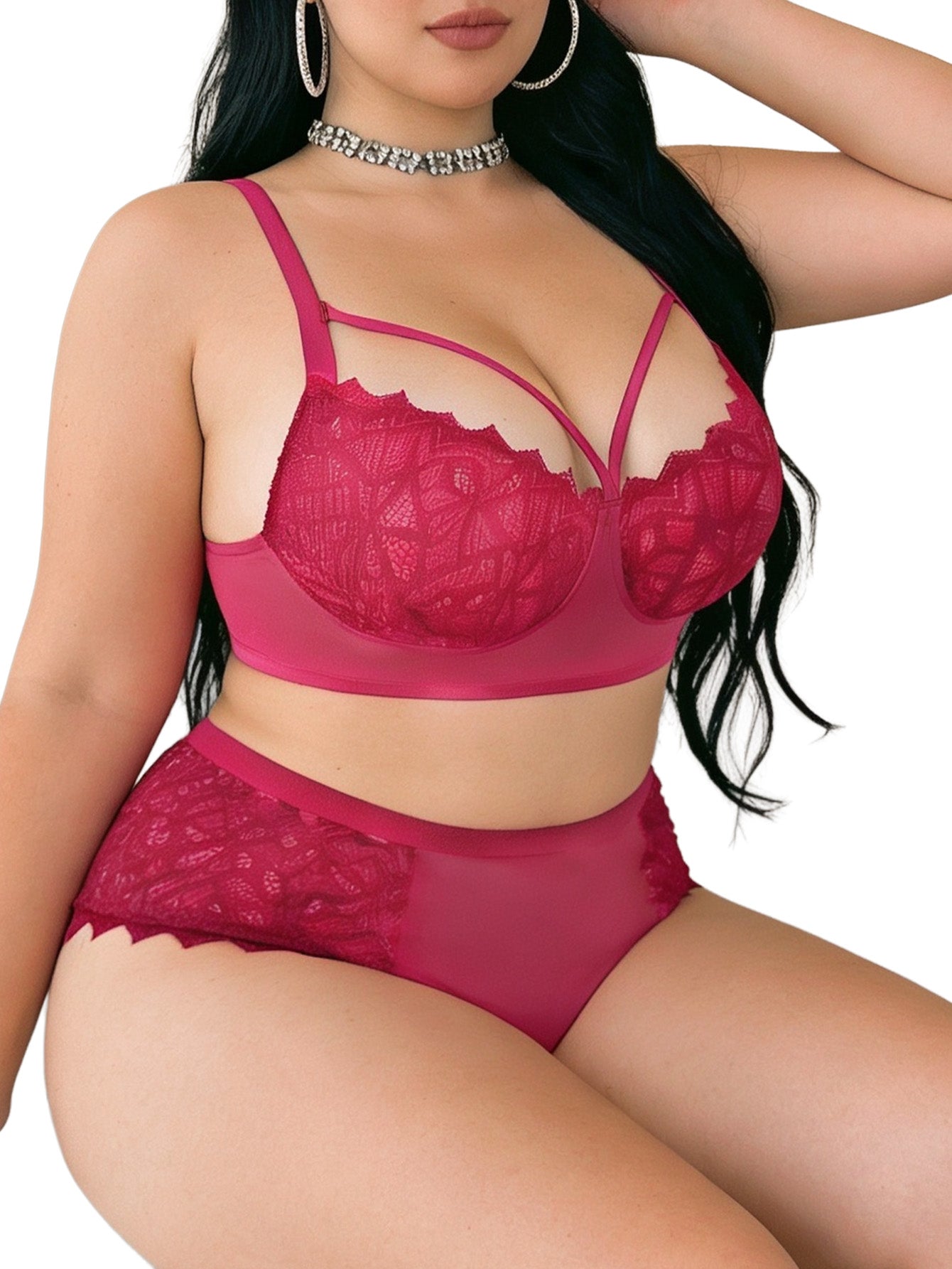 Alrovetoney 2pcs Bra and Panty Set Plus Size Wireless Women's Lingerie Sets Contrast Lace Cut Out