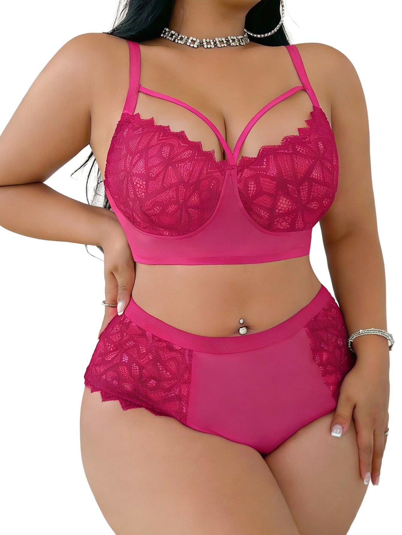 Alrovetoney 2pcs Bra and Panty Set Plus Size Wireless Women's Lingerie Sets Contrast Lace Cut Out