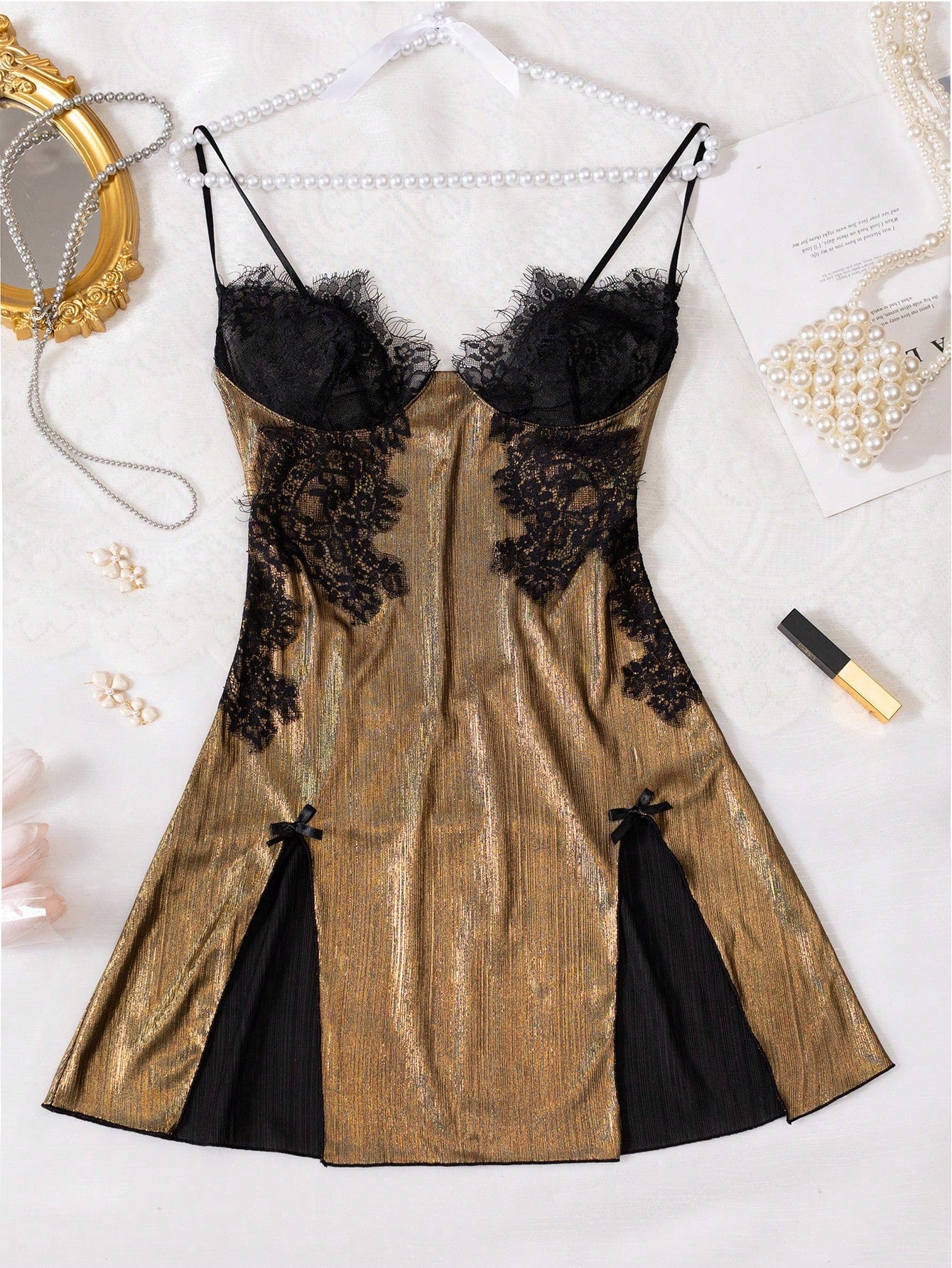 Sexy Split Side Floral Lace Trim Sexy Lingerie Camisole Nightgown