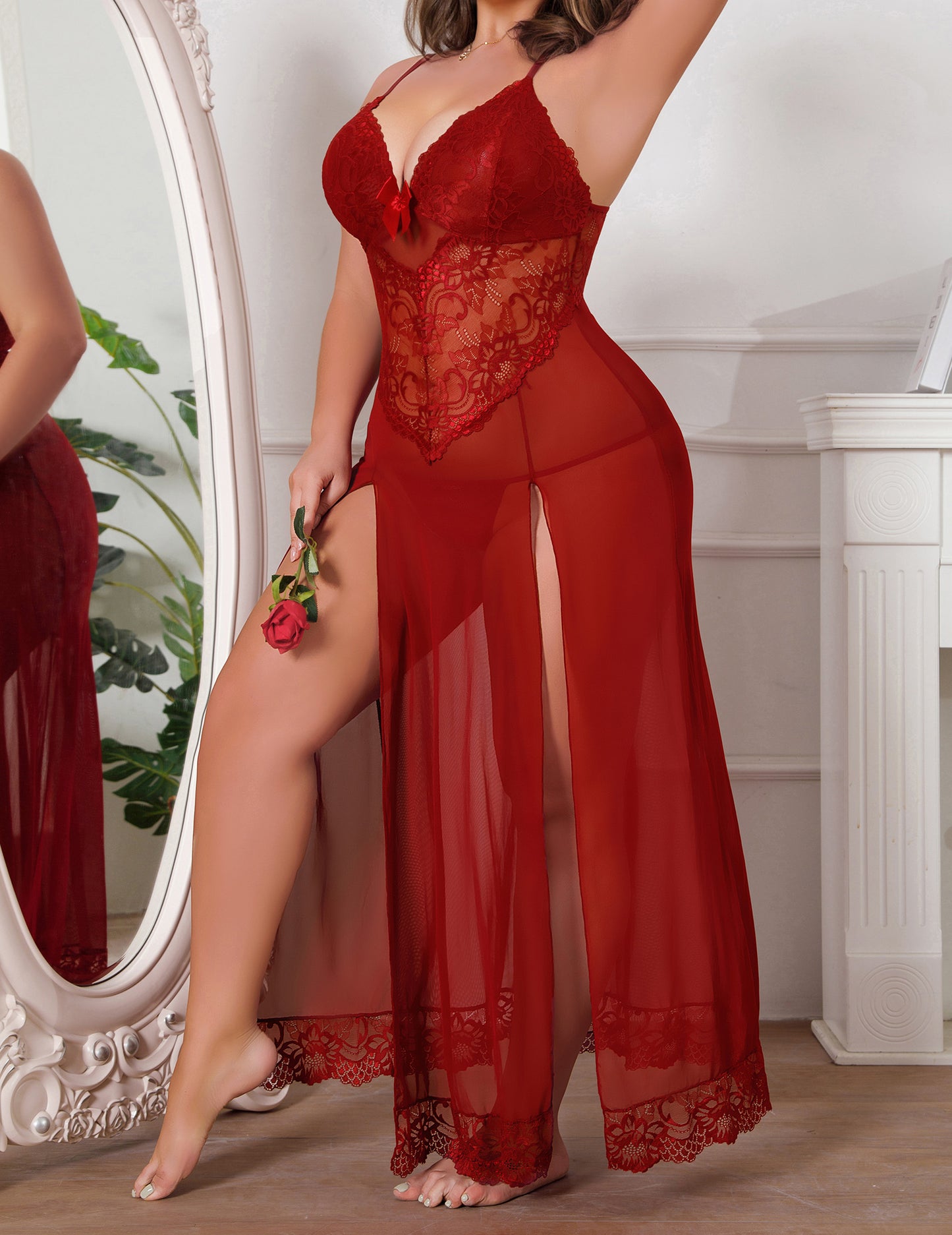 Alrovetoney Plus Size Lingerie For Women Babydoll Sexy Mesh Maxi Nightdress Exotic Sleepwear Side Slits