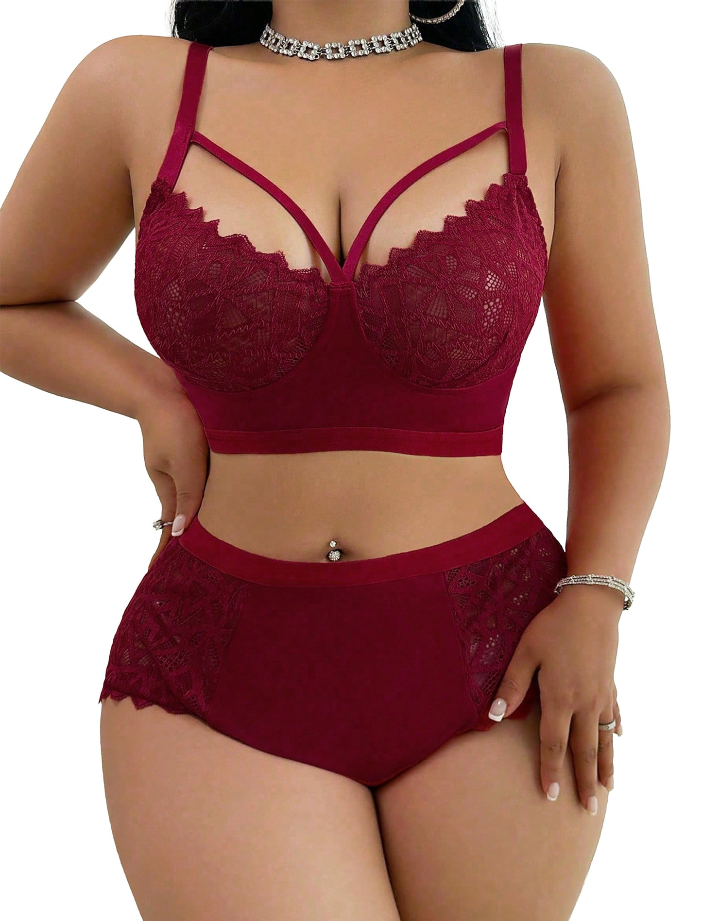 Alrovetoney 2pcs Bra and Panty Set Plus Size Wireless Women's Lingerie Sets Contrast Lace Cut Out