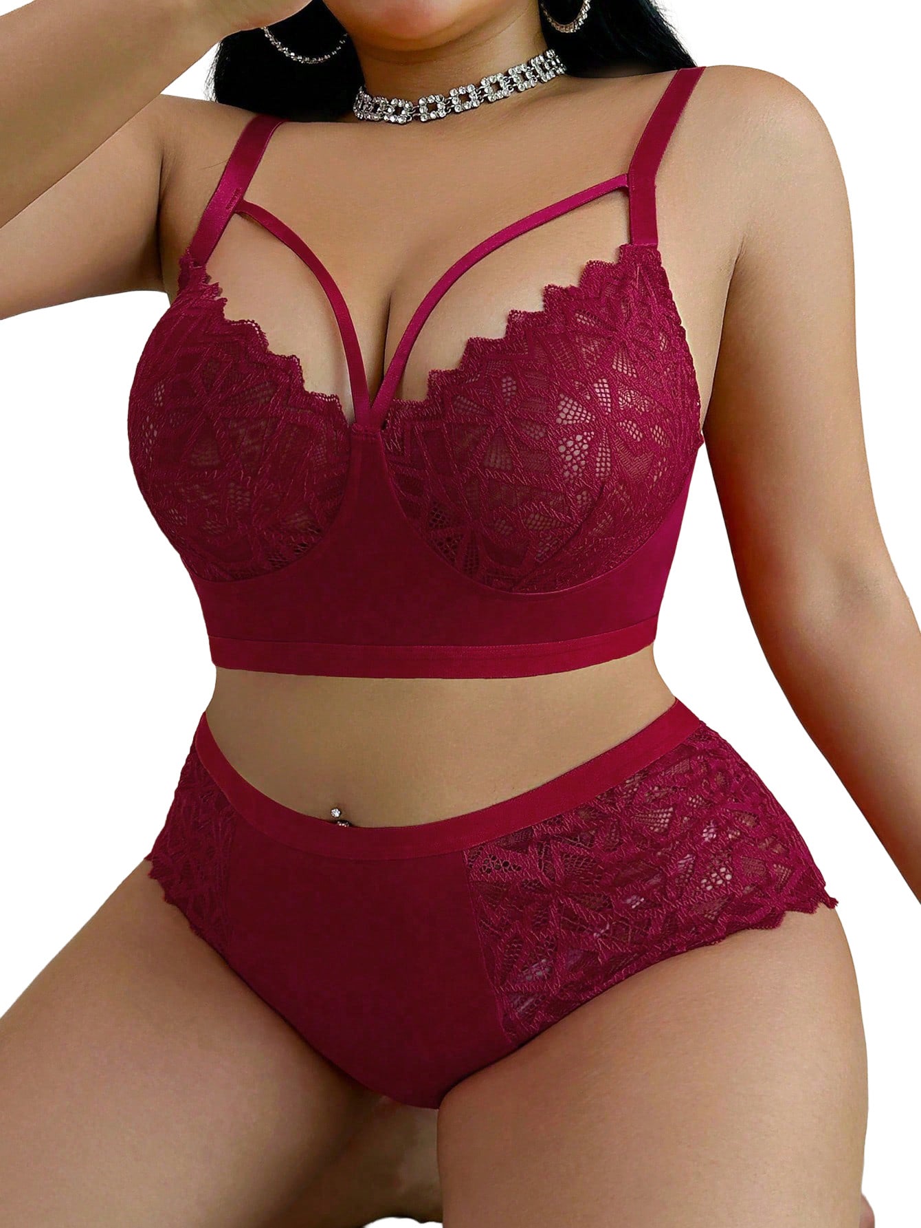 Alrovetoney 2pcs Bra and Panty Set Plus Size Wireless Women's Lingerie Sets Contrast Lace Cut Out